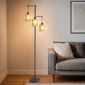 Sofucor 3 Lights Boho Rattan Floor Lights Black Farmhouse Standing Lamp Wicker Rustic Tall Lamp Rattan Woven Lampshade Bohemian
