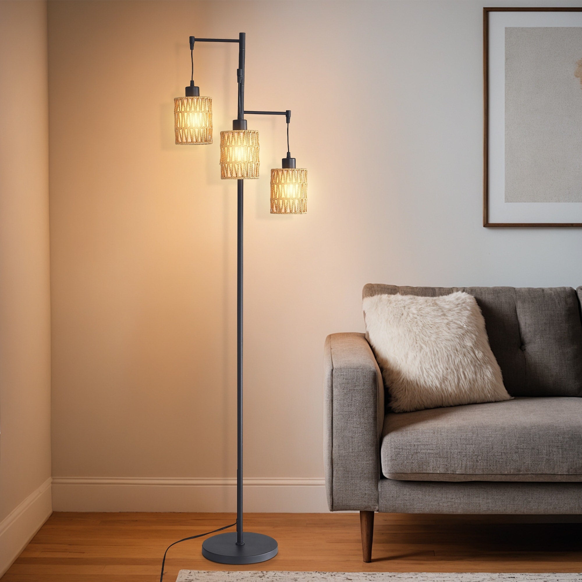Sofucor 3 Lights Boho Rattan Floor Lights Black Farmhouse Standing Lamp Wicker Rustic Tall Lamp Rattan Woven Lampshade Bohemian