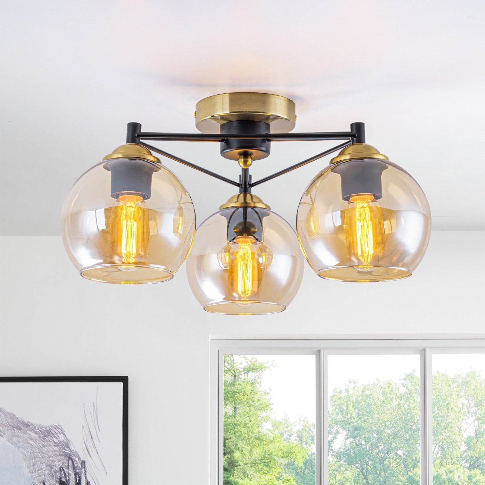 3 Lights Gold Flush Mount Ceiling Light With Amber Glass Globes Dia.17.72 In