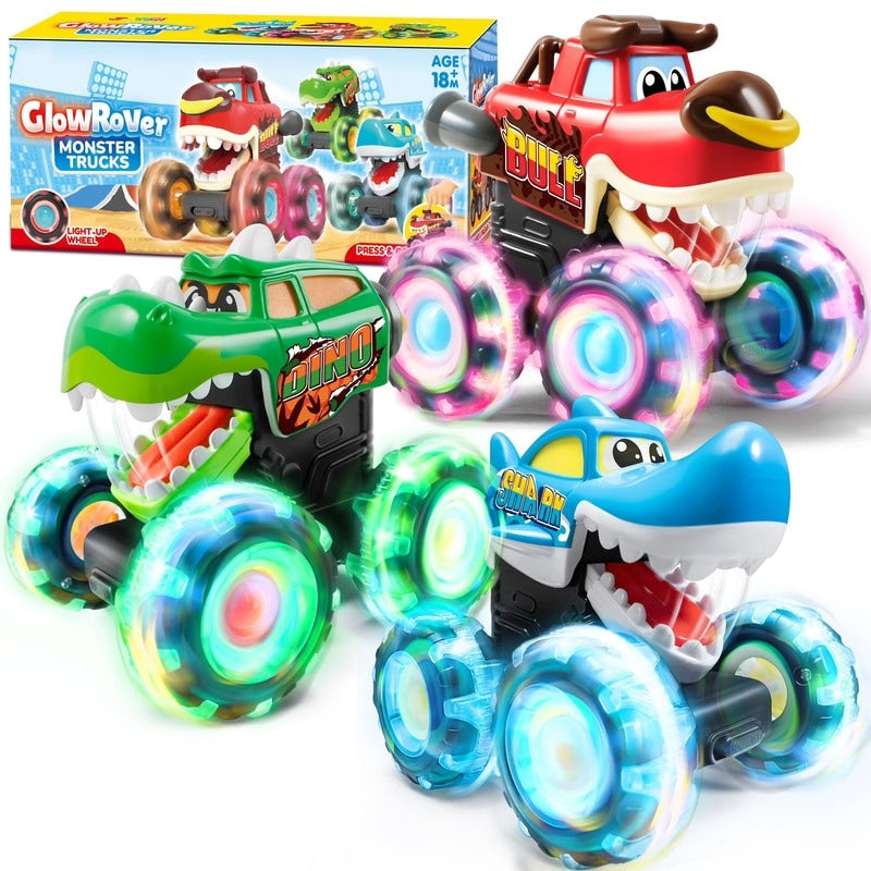 3 Pack Monster Truck Toy Motion Activated Light Up Cars For Toddlers Multicolor