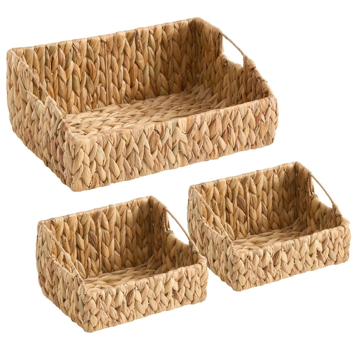 3 Pack Water Hyacinth Storage Baskets Handwoven Decorative Bins With Handles Perfect For Pantry Closet Or Bathroom
