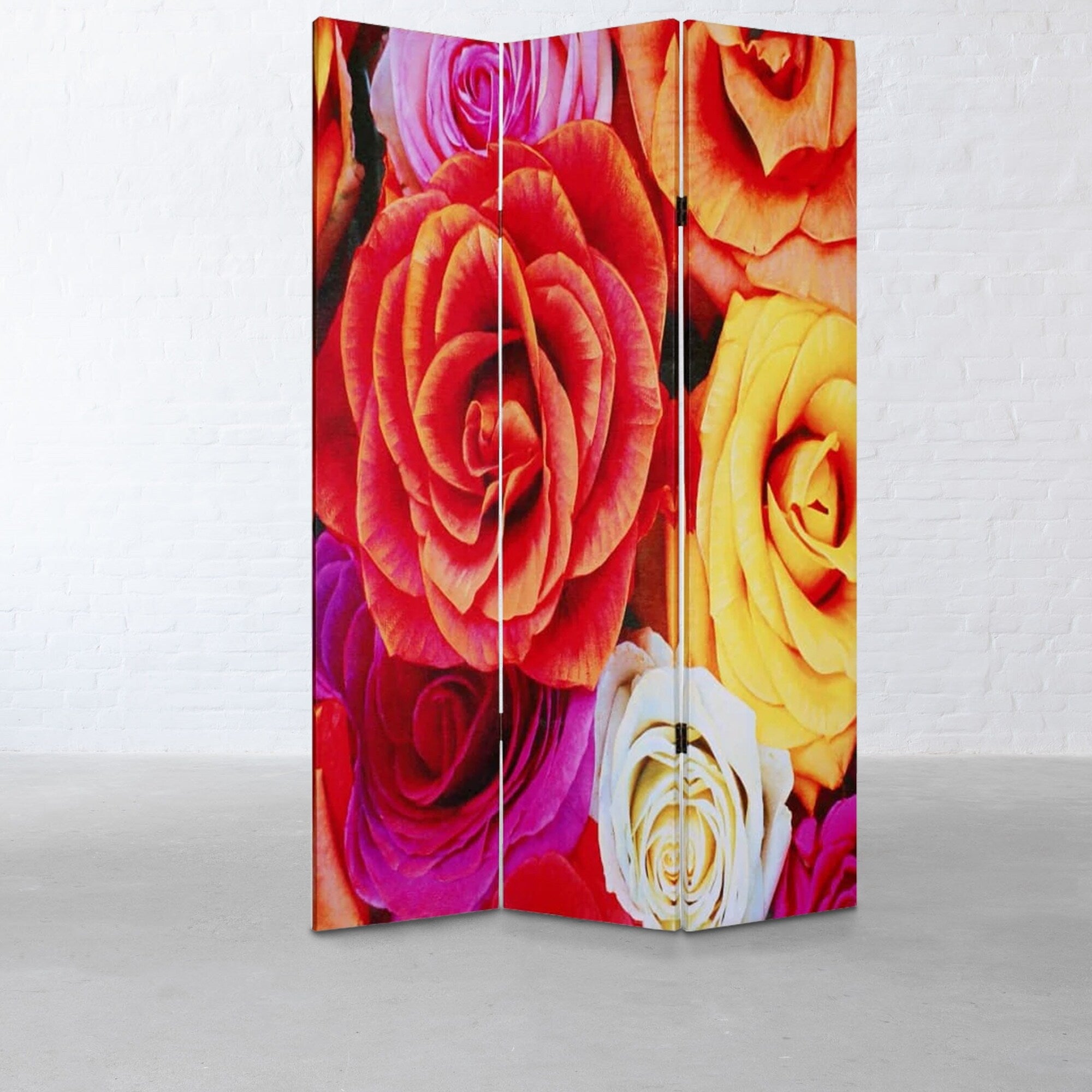 3 Panel Canvas Screen With Contrasting Flower Print Multicolor