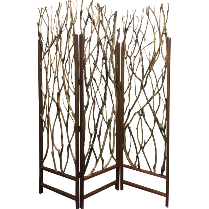 3 Panel Contemporary Foldable Wood Screen With Tree Branches Brown