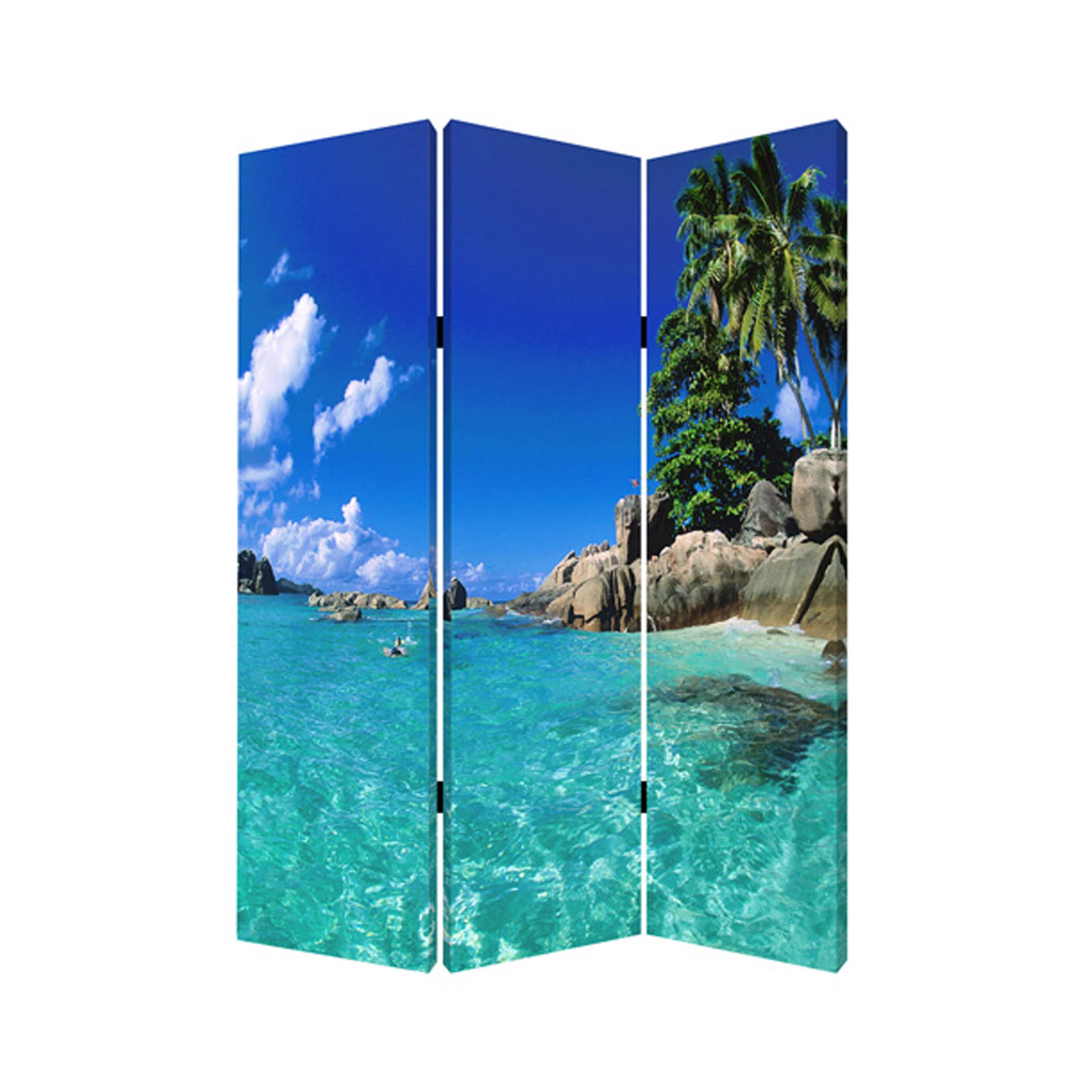 3 Panel Foldable Canvas Screen With Exotic Oceanside Print Multicolor