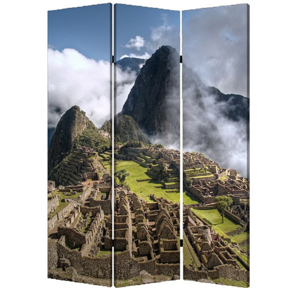 3 Panel Foldable Canvas Screen With Machu Picchu Print Multicolor