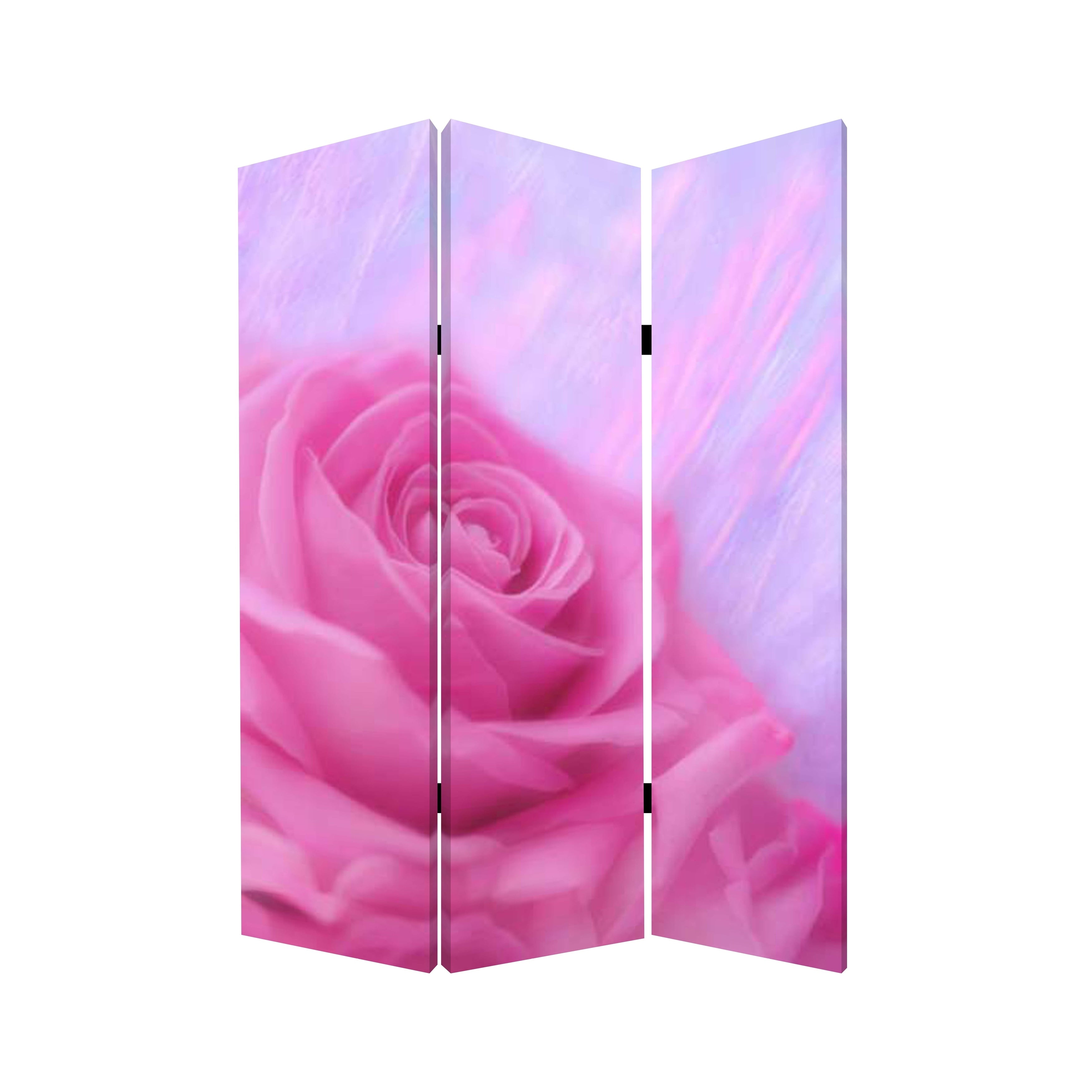 3 Panel Foldable Canvas Screen With Rose Print Pink