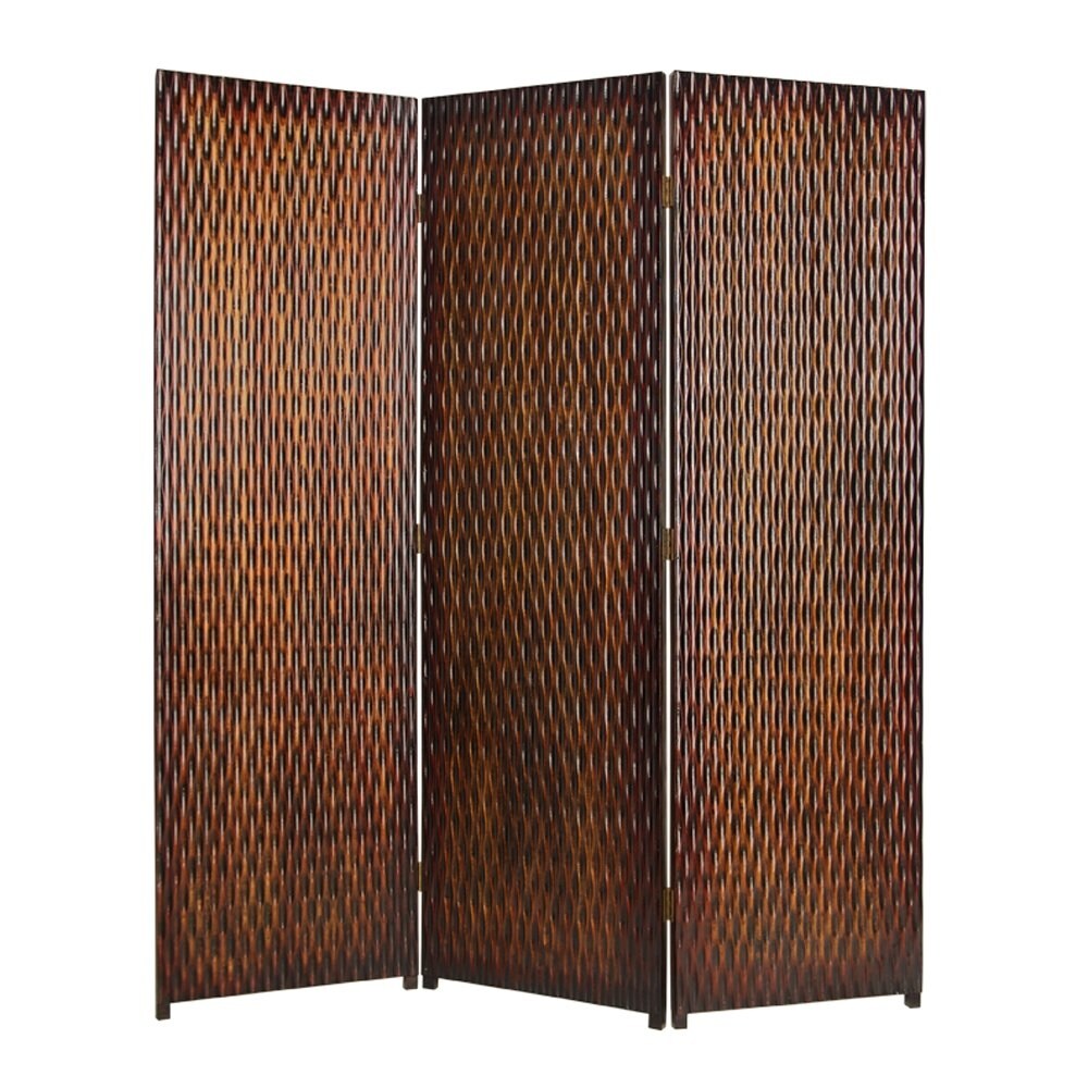 3 Panel Foldable Room Divider With Patterned Wood Panelling Brown
