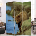 3 Panel Foldable Wooden Screen With Bear Print Blue And Brown