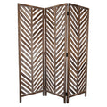 3 Panel Foldable Wooden Screen With Herringbone Pattern Brown