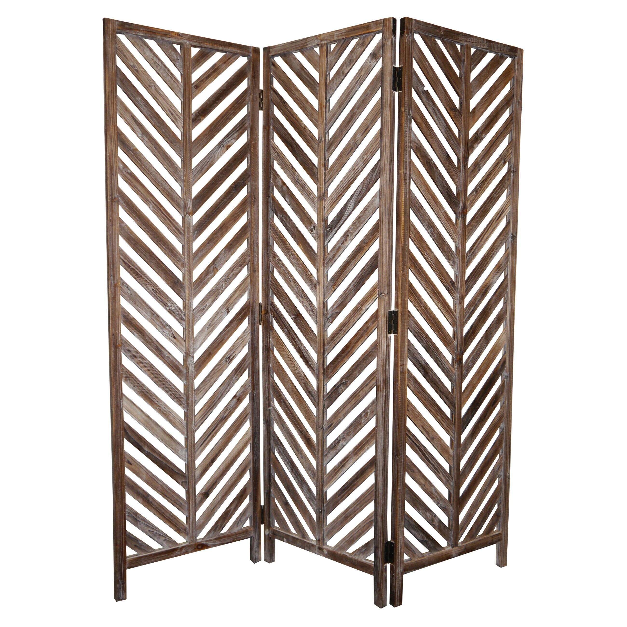 3 Panel Foldable Wooden Screen With Herringbone Pattern Brown