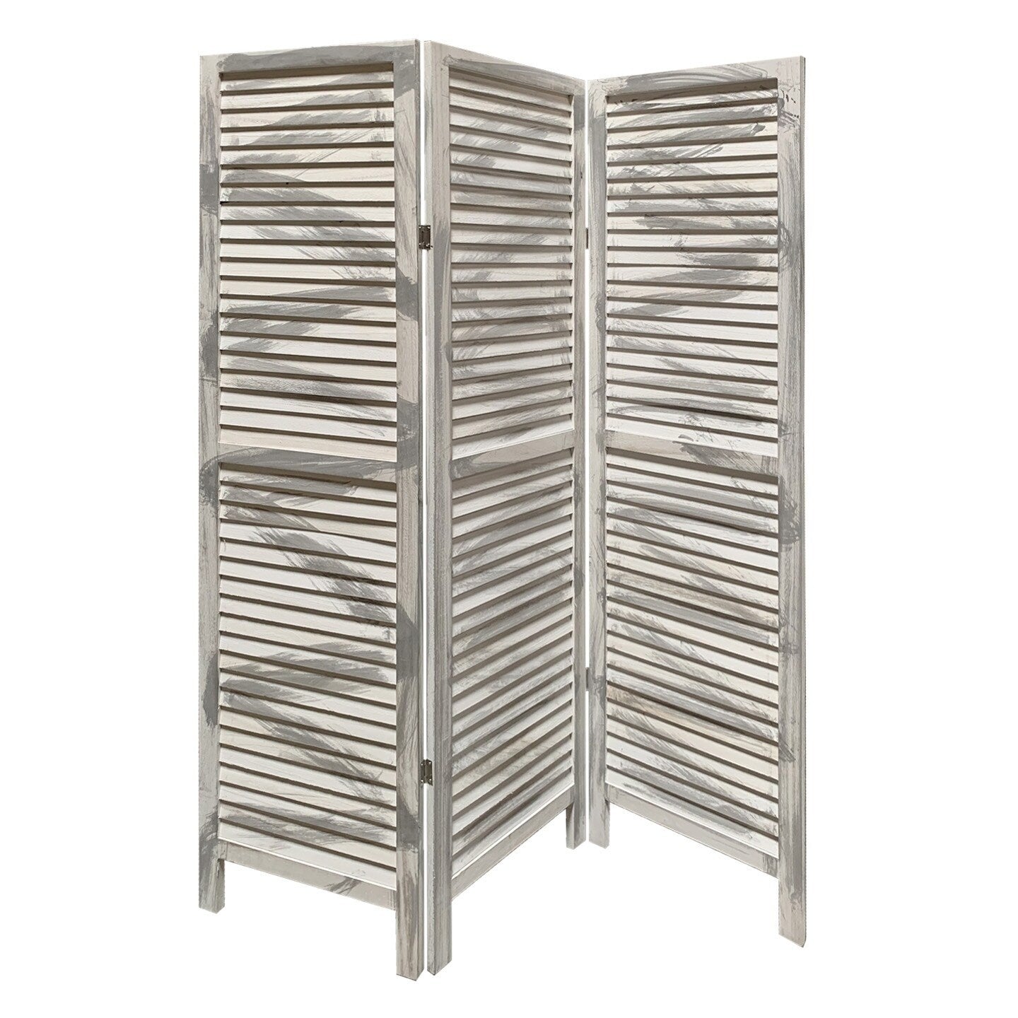 3 Panel Foldable Wooden Shutter Screen With Straight Legs Gray