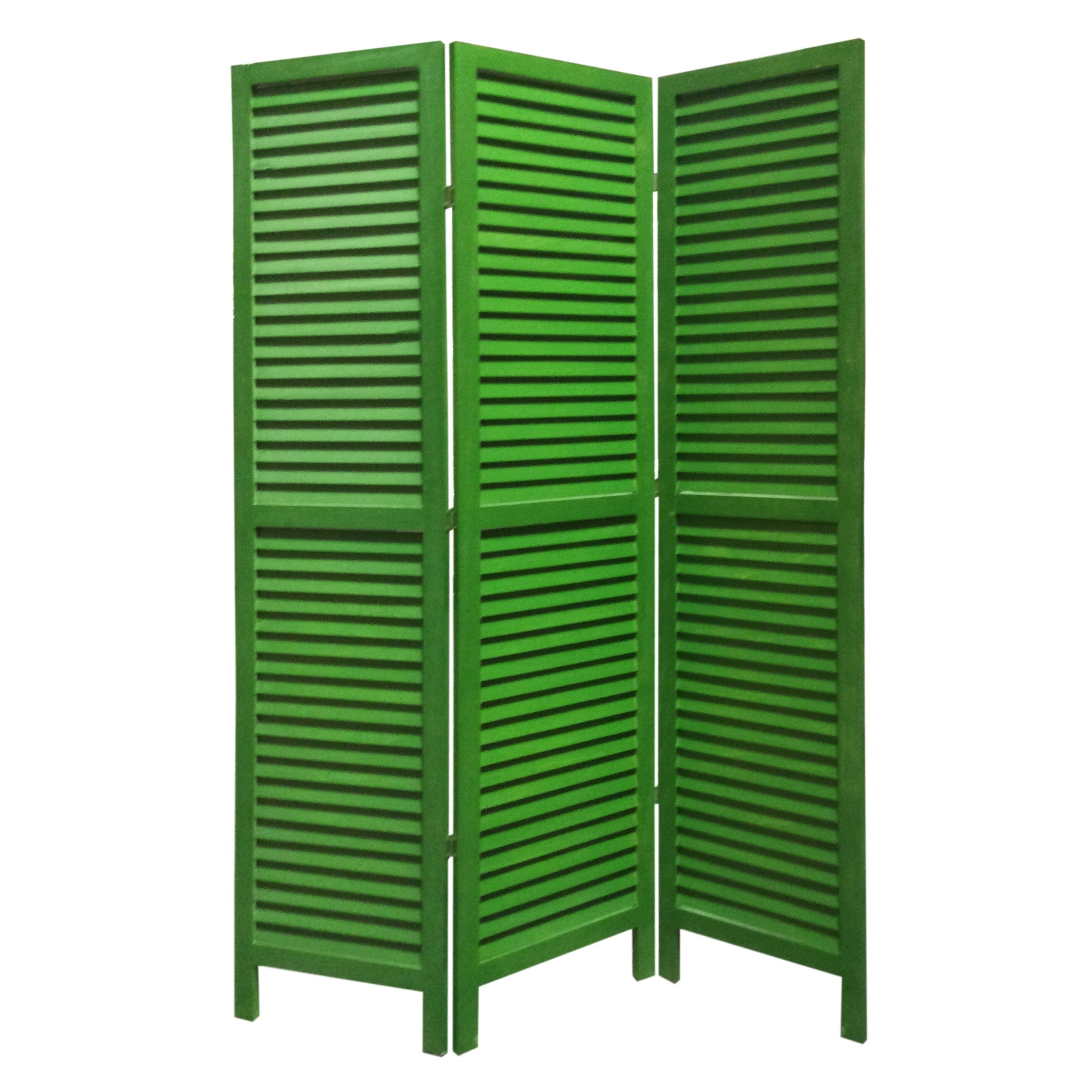 3 Panel Foldable Wooden Shutter Screen With Straight Legs Green