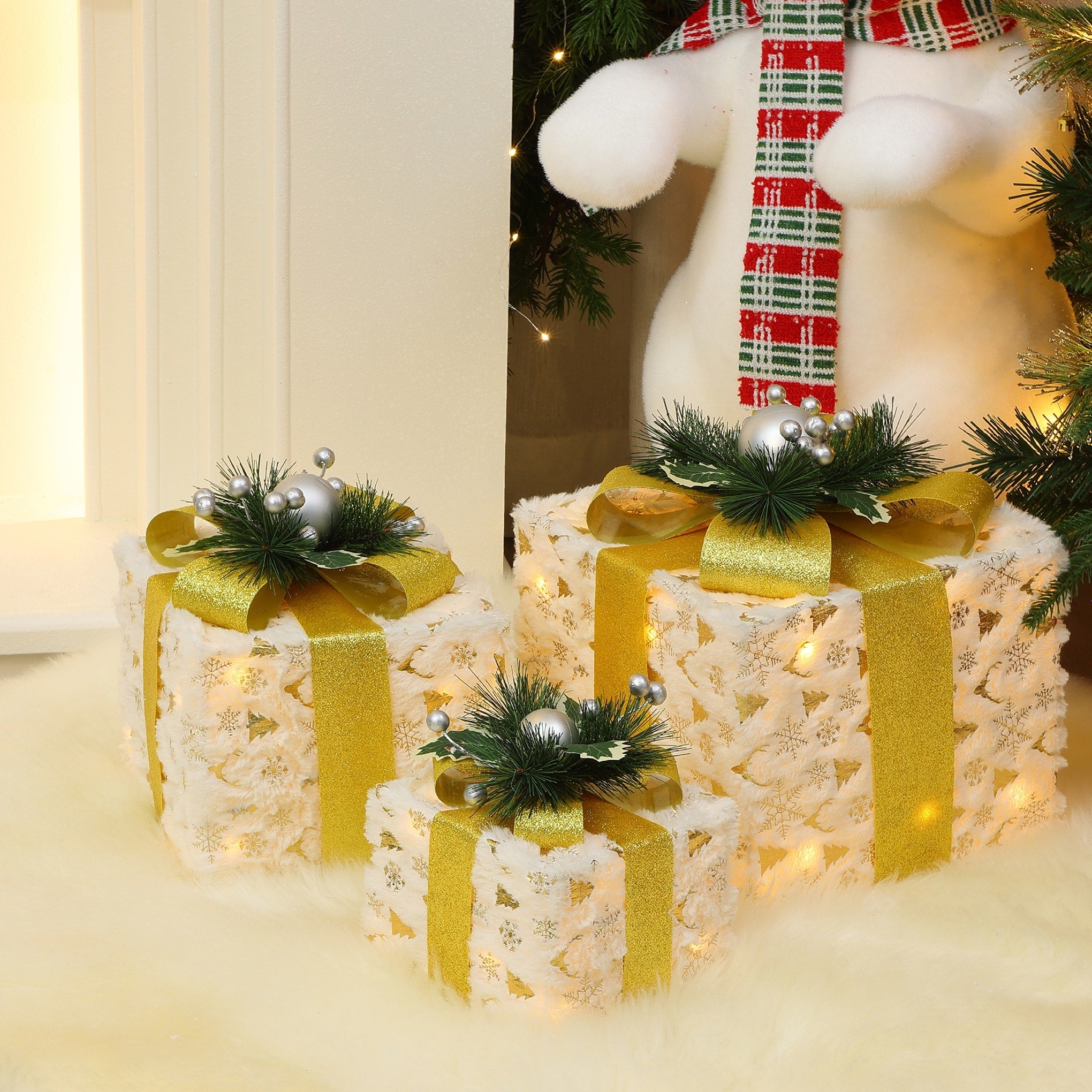 3 Pc Lighted White Snowflake Fabric Gift Box Set Outdoor Holiday Decoration