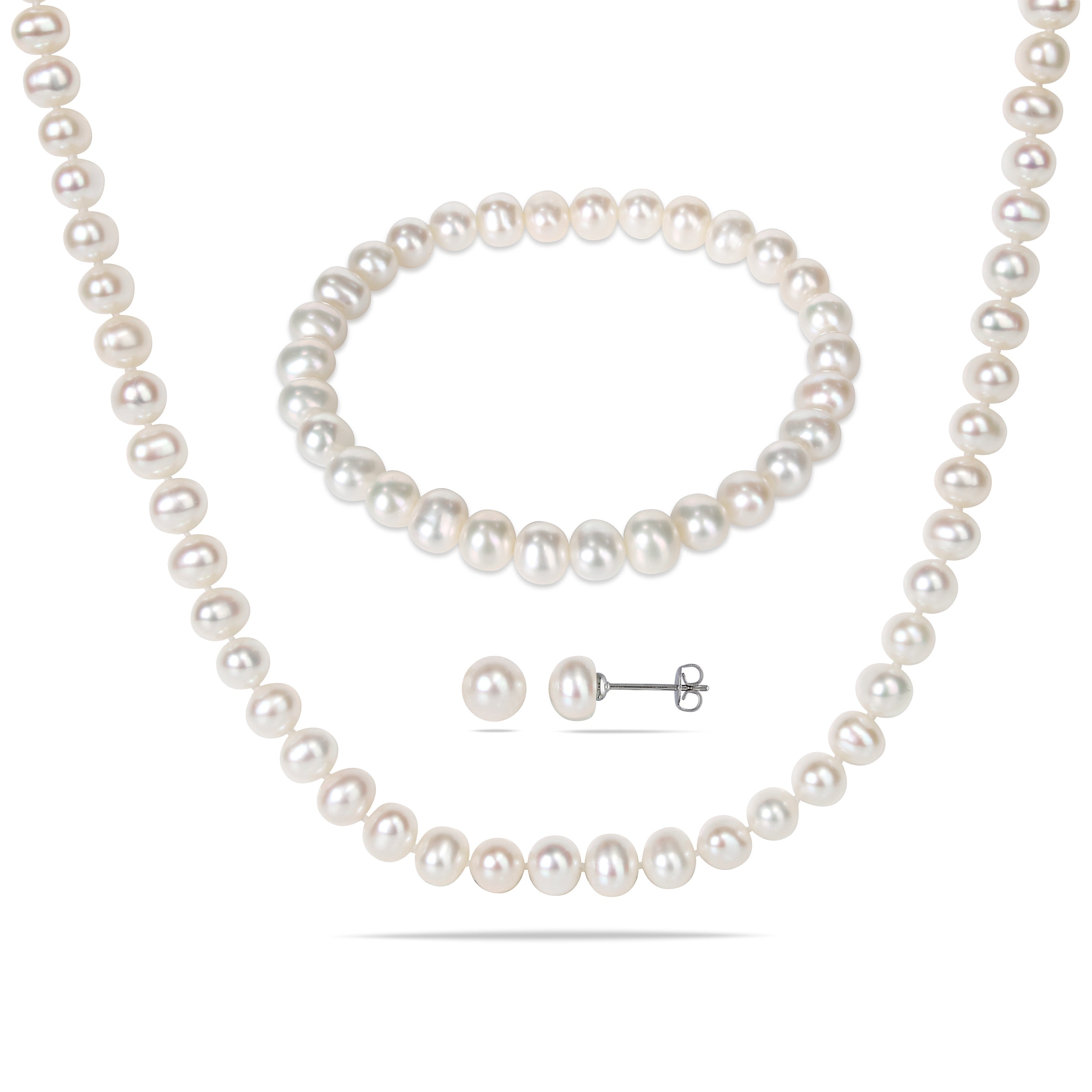 Miadora Silvertone Cultured Freshwater White Pearl 3 Piece Set 6 7Mm