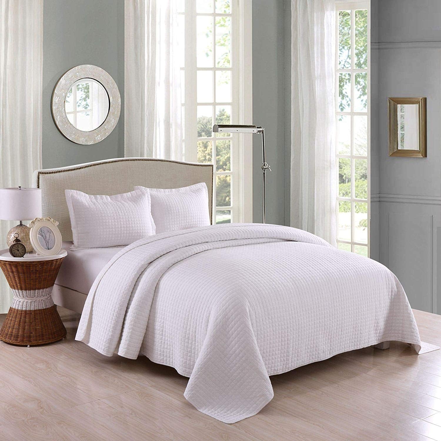 3 Pcs White Cotton Quilt Set Lightweight Bedspread Set Check