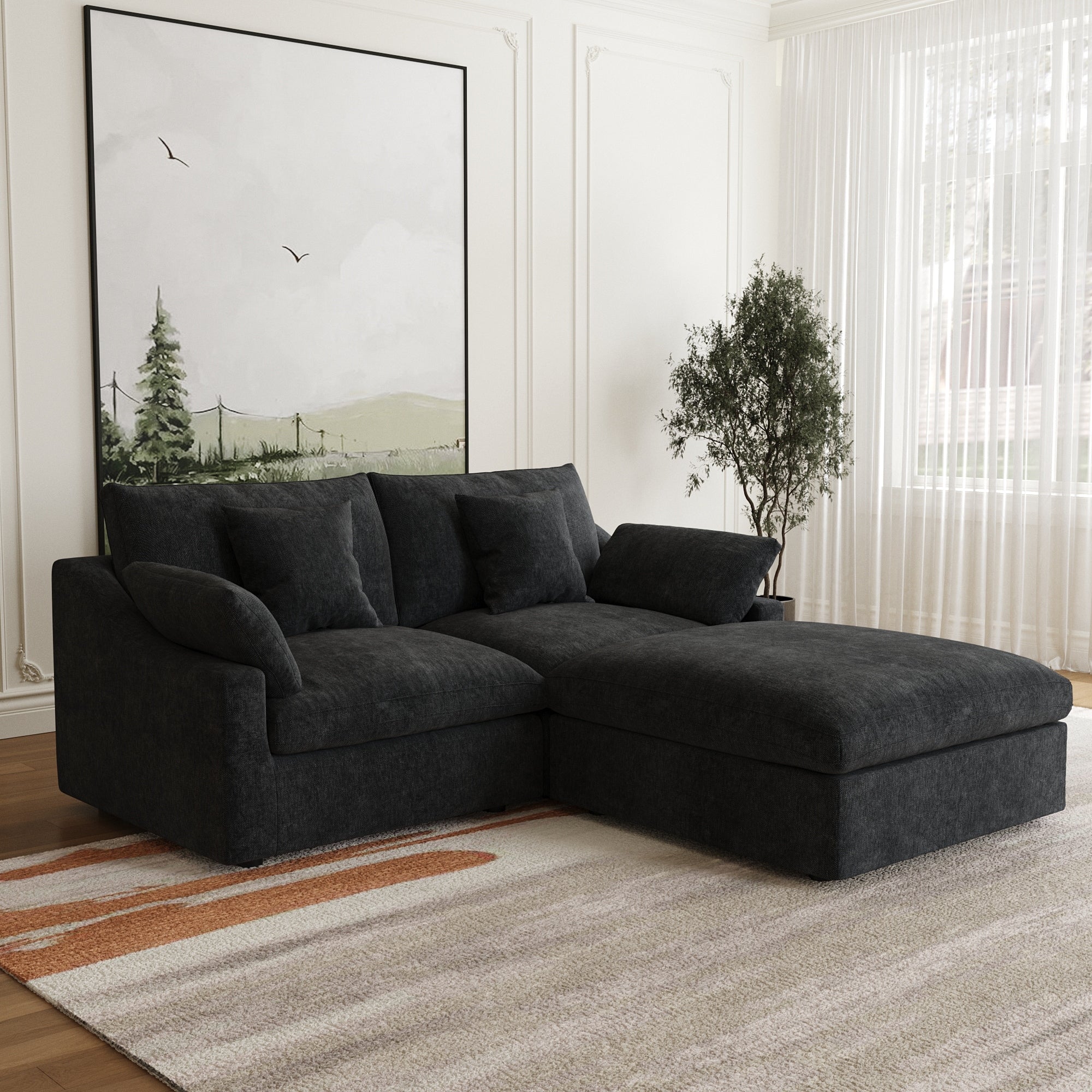 3 Piece 83 Modern Chenille Upholstered L Shape Sectional Sofa With Ottoman