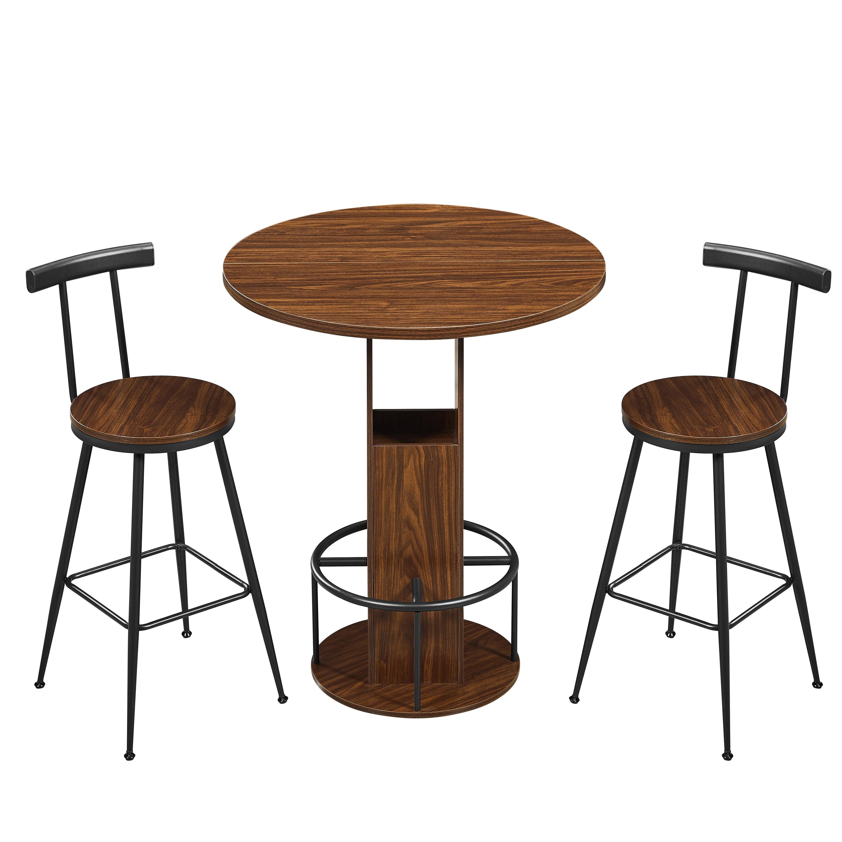 3 Piece Bar Table And Stool Set 31.5 Inch Round Bar Table With Two Stools Compact Wooden Dining Bar With Metal Ring Footrest