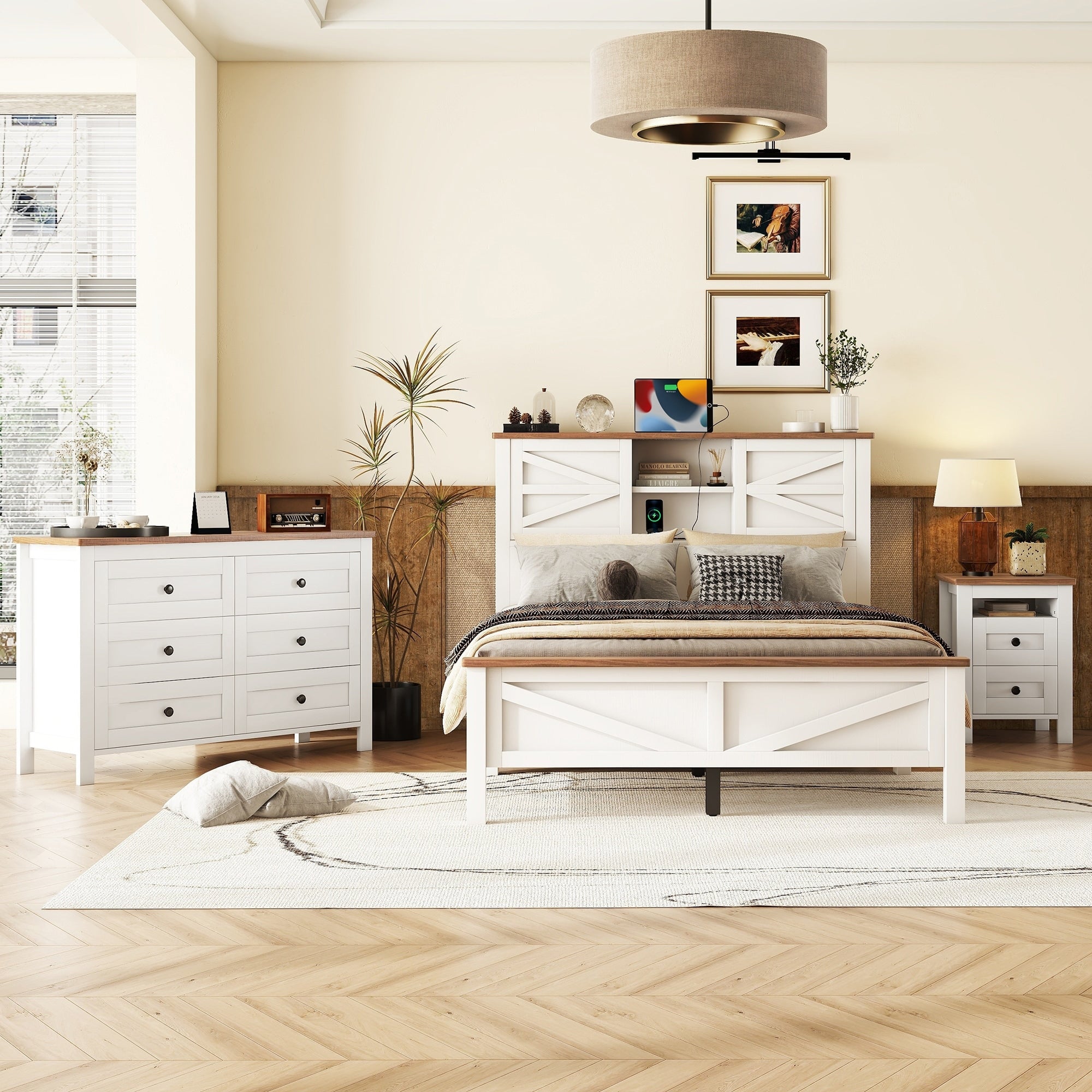 Full Queen 3 Piece Bedroom Set With Platform Bed Storage Headboard Usb Charging Nightstand And Dresser