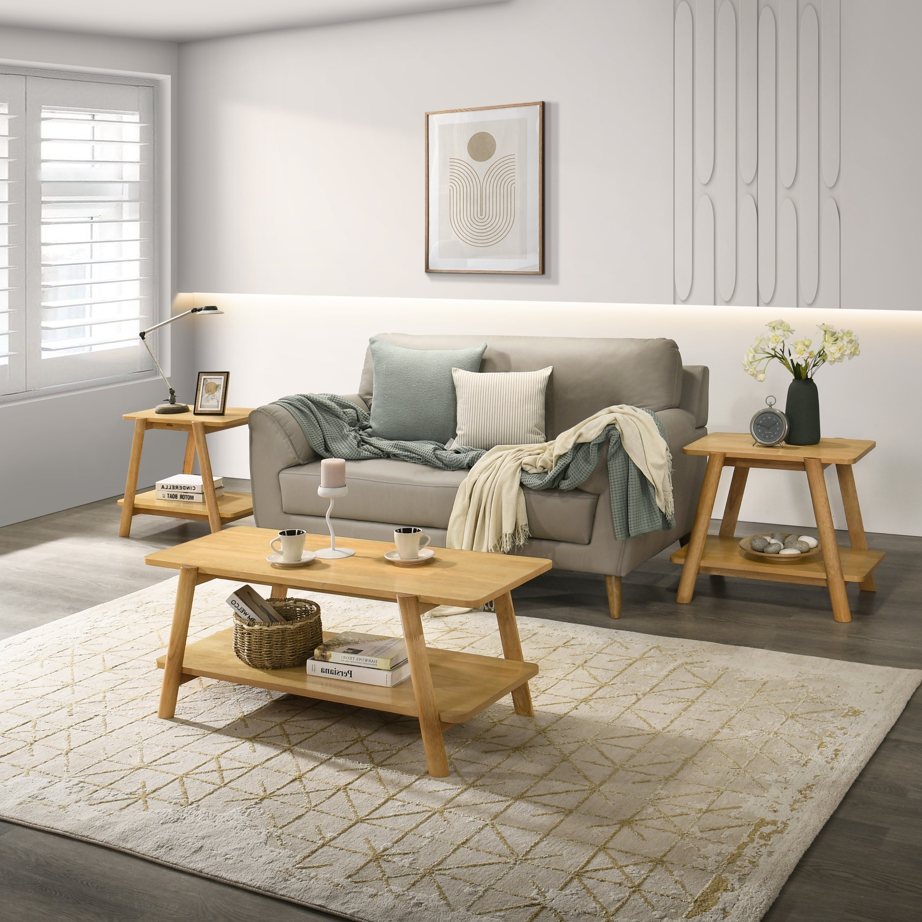 3 Piece Coffee Table Set Coffee Table And Two End Tables Natural Oak Finish