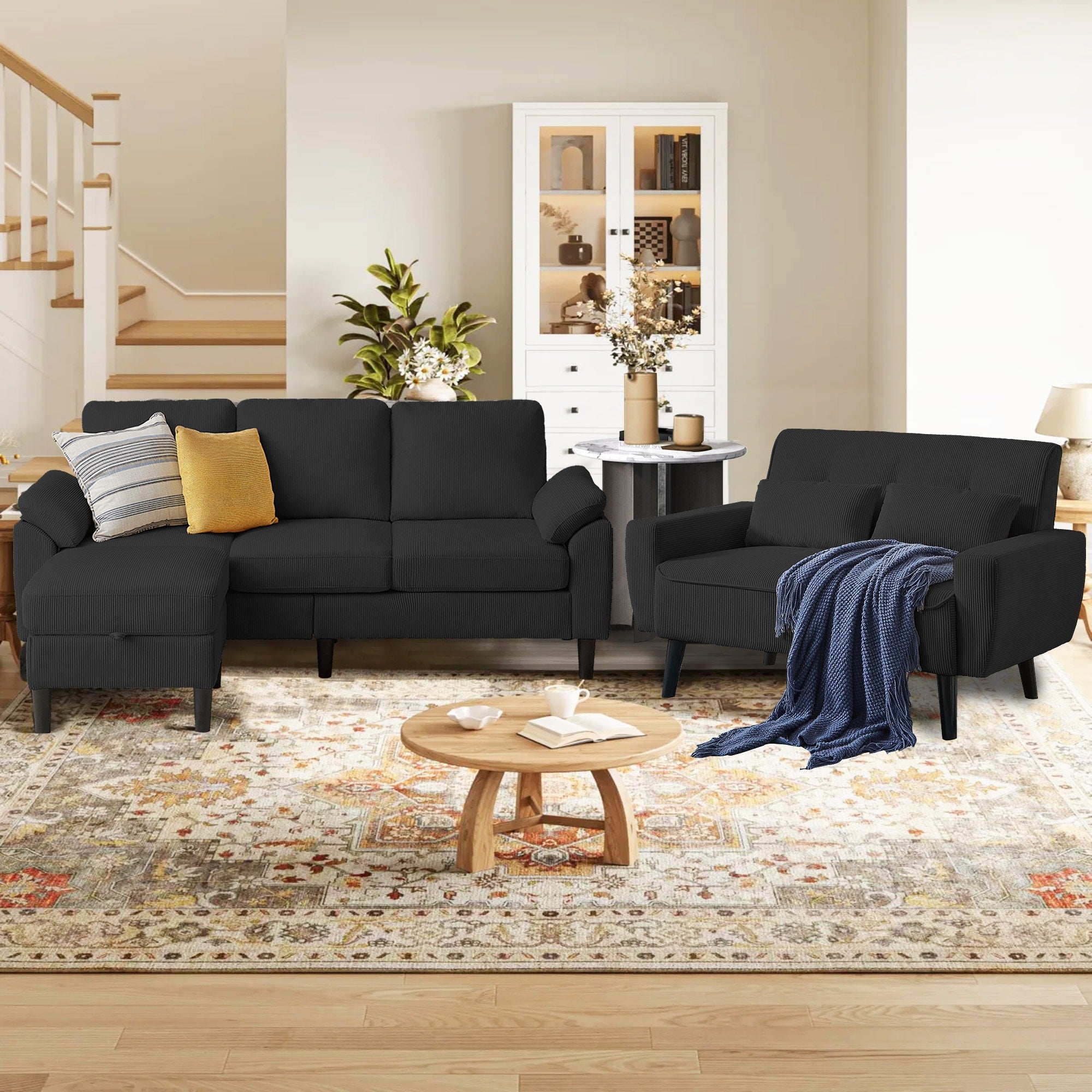 3 Piece Corduroy Living Room Sets Including Sofa Storage Ottoman And Loveseat