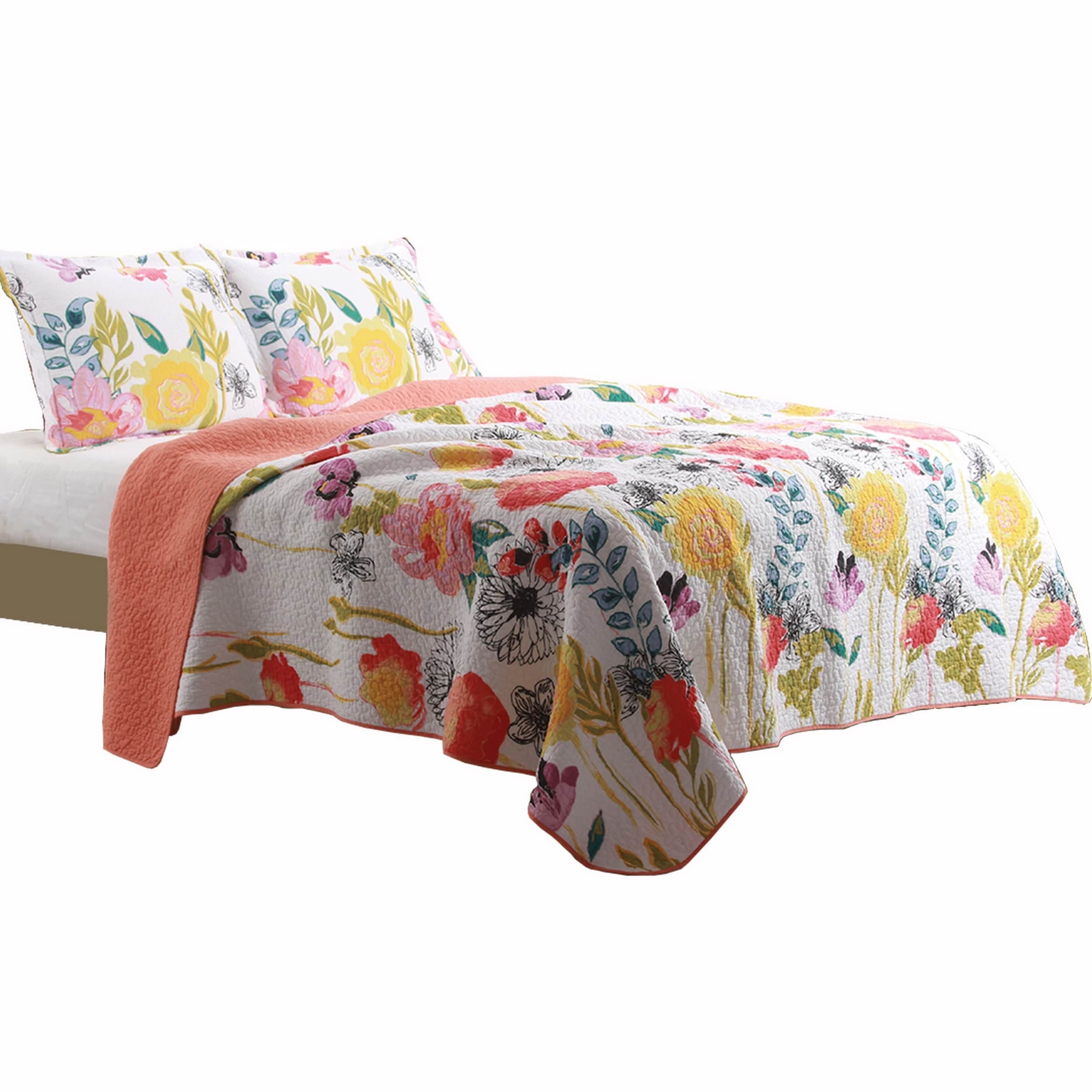 3 Piece Cotton King Size Quilt Set With Stencil Flower Print Multicolor