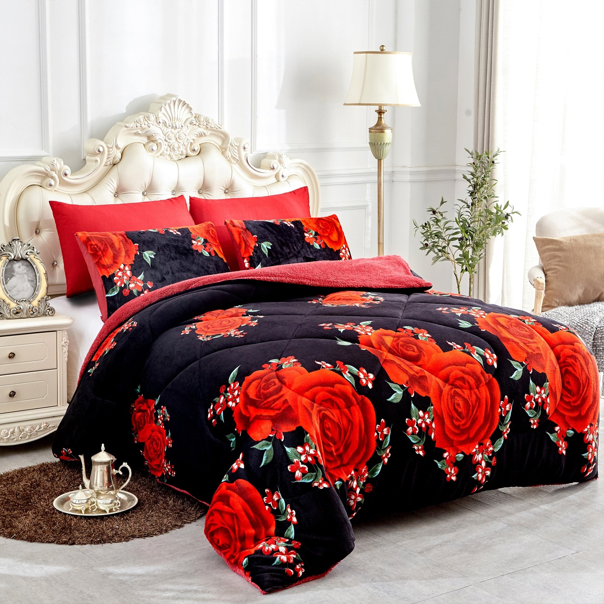 3 Piece Floral Printed Pattern Sherpa Backing Reversible Comforter Set