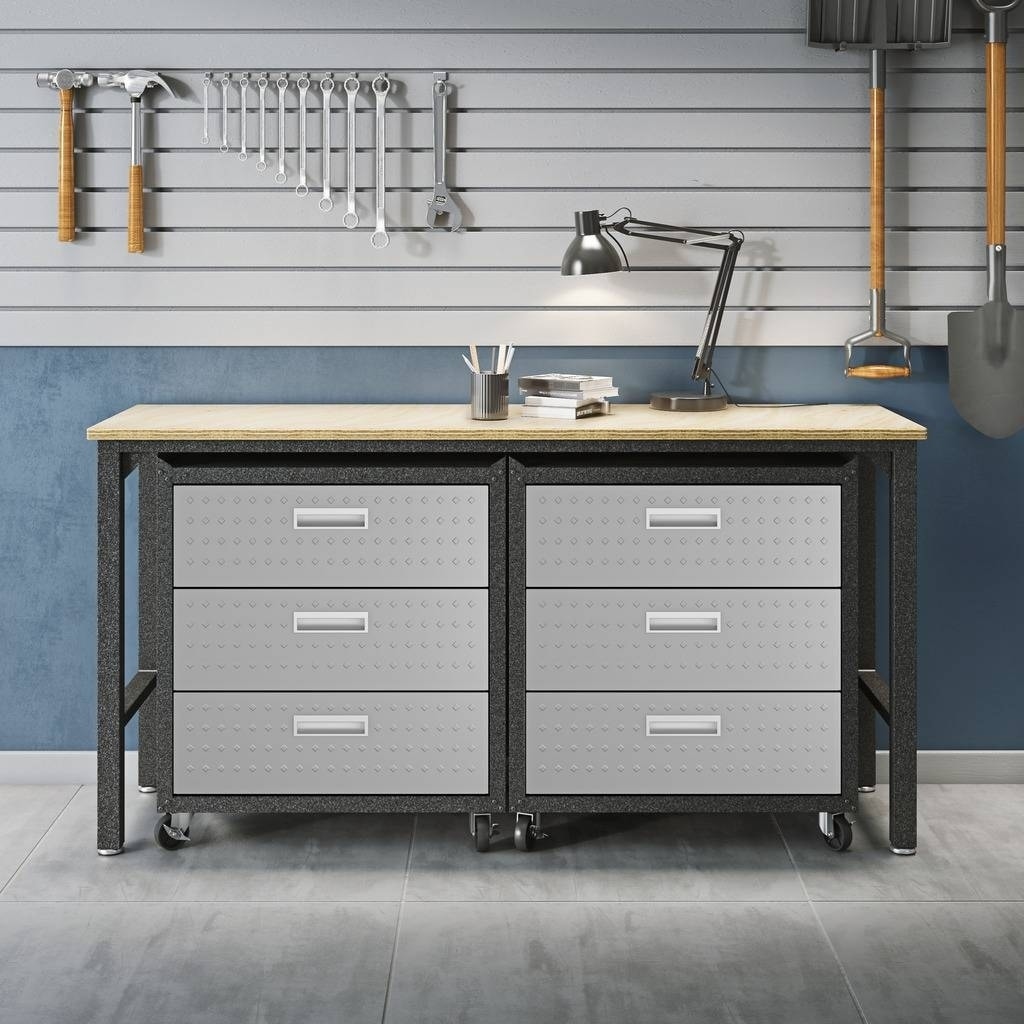 3 Piece Fortress Mobile Space Saving Steel Garage Cabinet Chests And Worktable 6.0 In Grey