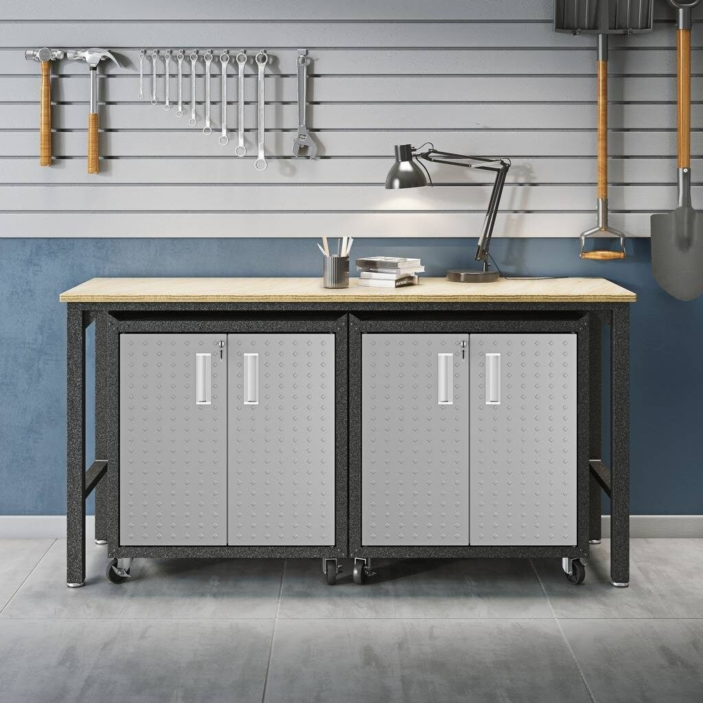 3 Piece Fortress Mobile Space Saving Steel Garage Cabinet And Worktable 1.0 In Grey