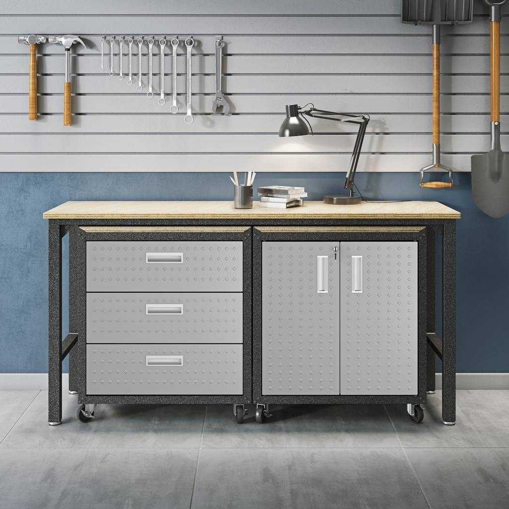 3 Piece Fortress Mobile Space Saving Steel Garage Cabinet And Worktable 3.0 In Grey