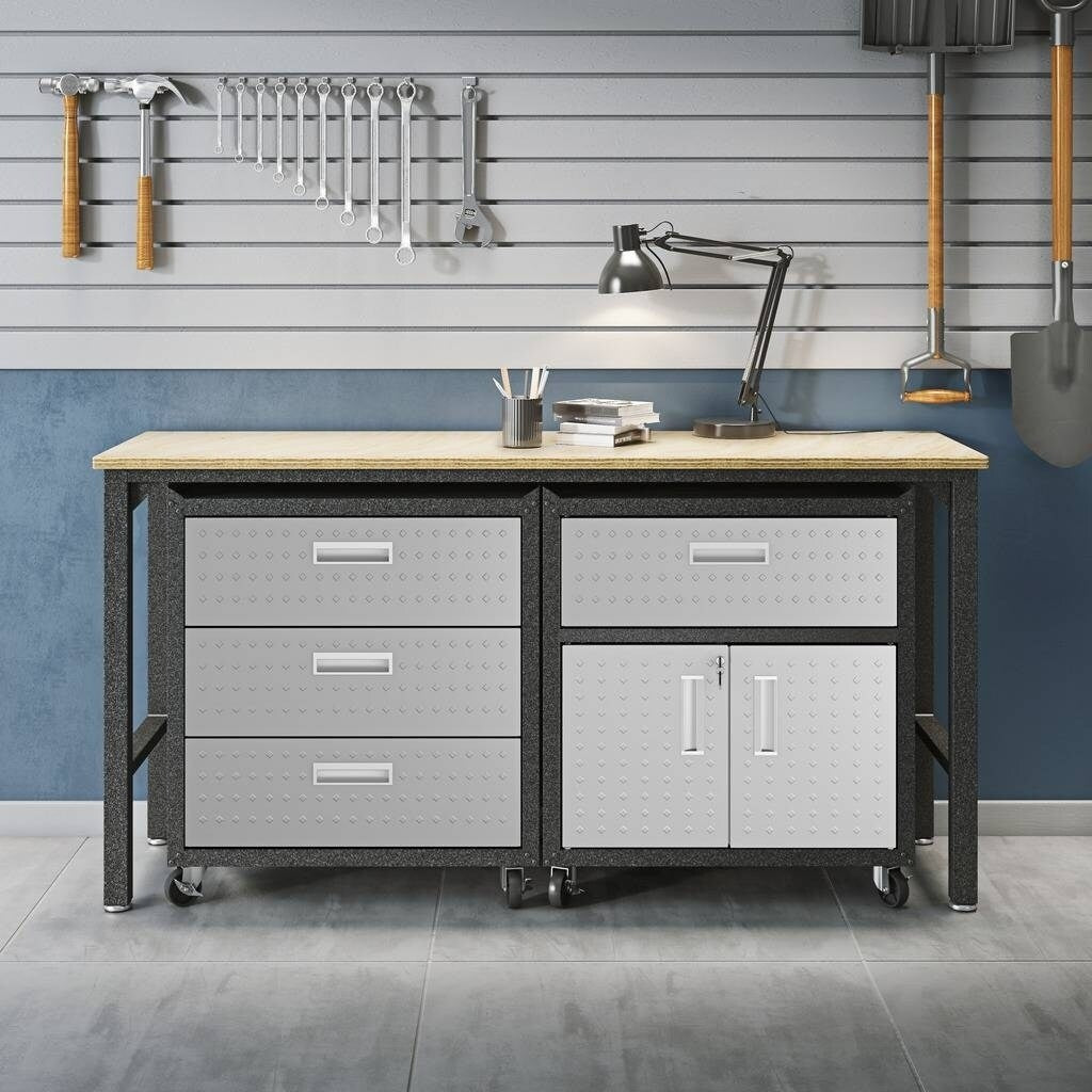 3 Piece Fortress Mobile Space Saving Steel Garage Cabinet And Worktable 5.0 In Grey