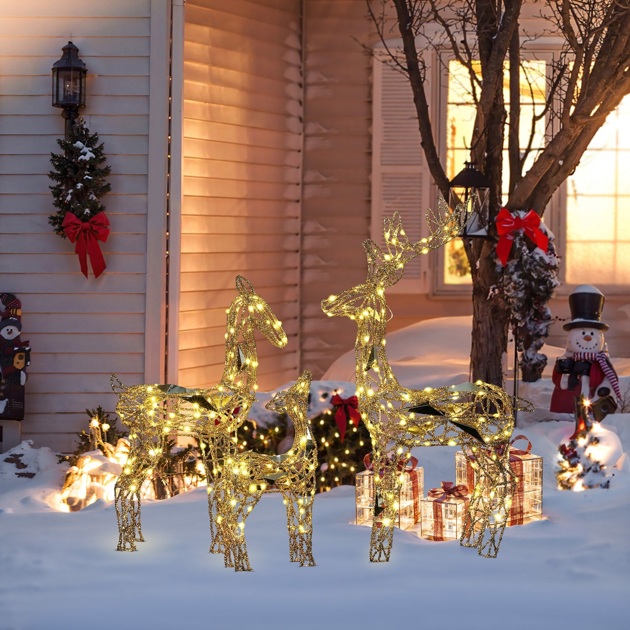 3 Piece Gold Glitter Deer Family Outdoor Holiday Decoration With Lights