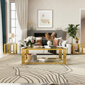 3 Piece Gold Glass Living Room Table Set With Asymmetrical Metal Frames And Lower Shelves By Harper Bright Designs