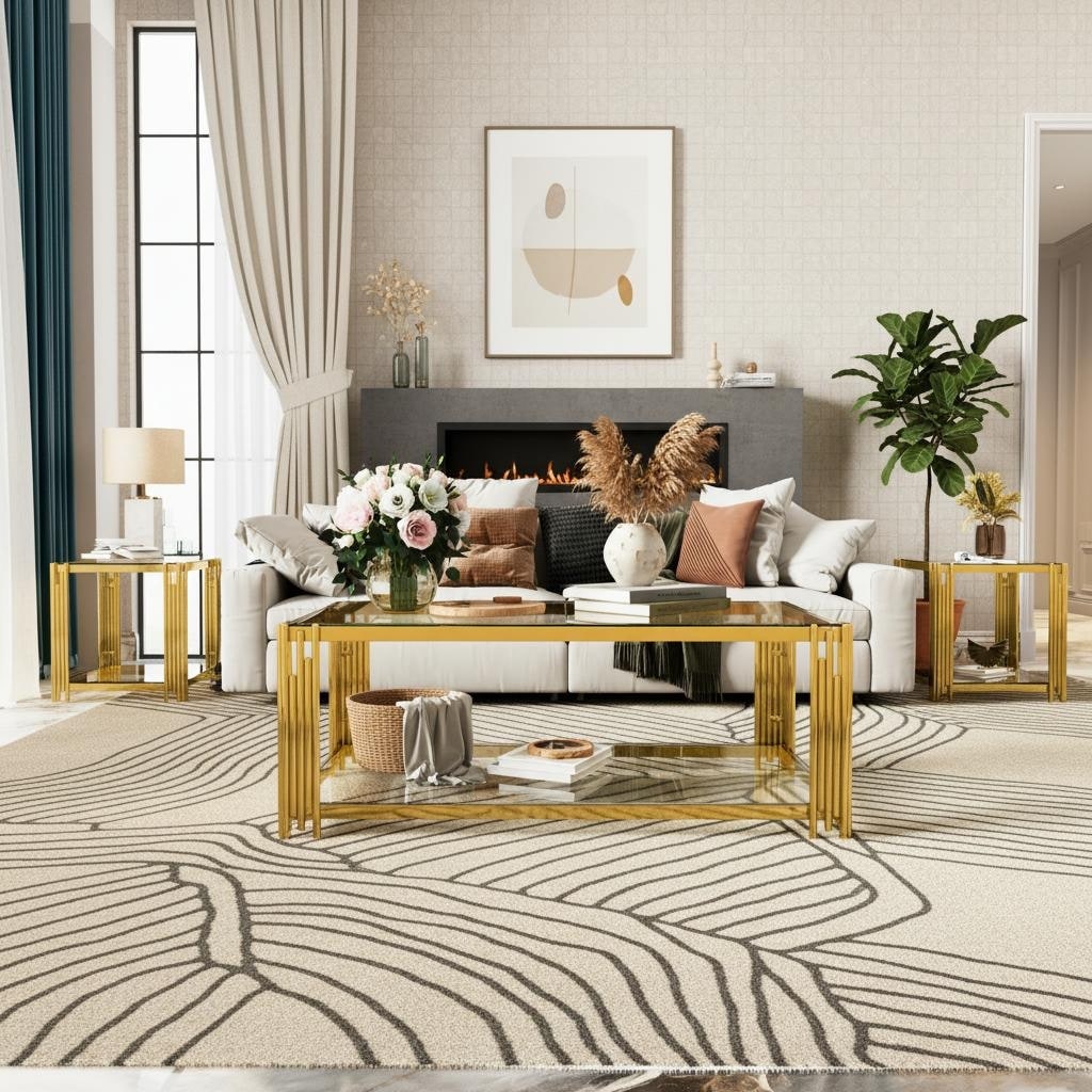 3 Piece Gold Glass Living Room Table Set With Asymmetrical Metal Frames And Lower Shelves By Harper Bright Designs
