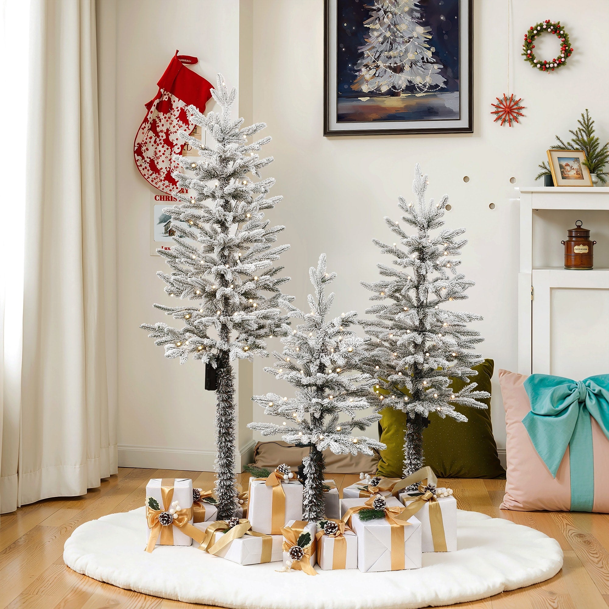 3 Piece Holiday Artificial Tree Sets With Lights And Flat Stand
