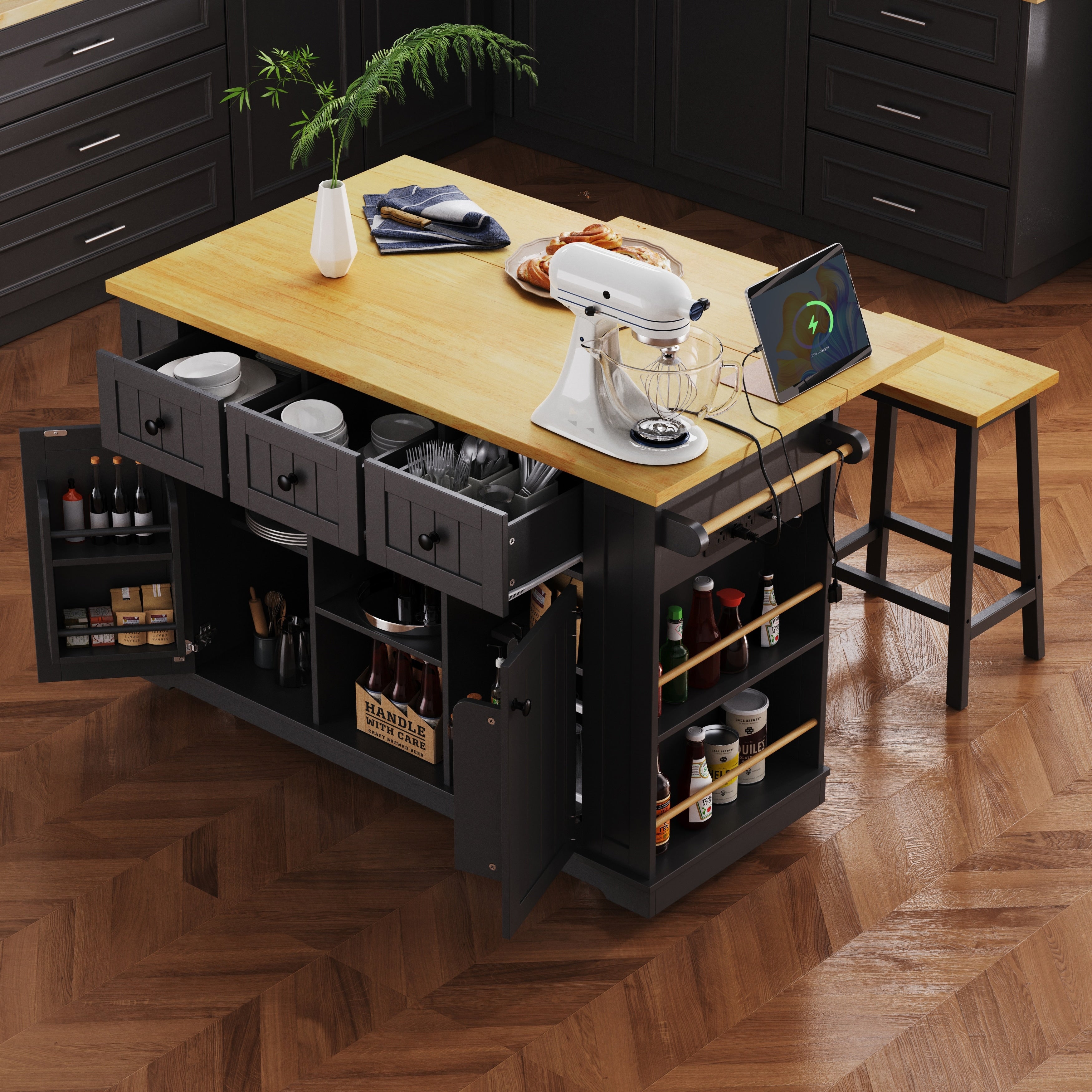 3 Piece Kitchen Island Set With 2 Stools Drop Leaf Rolling Kitchen Cart With Power Outlet 3 Drawers