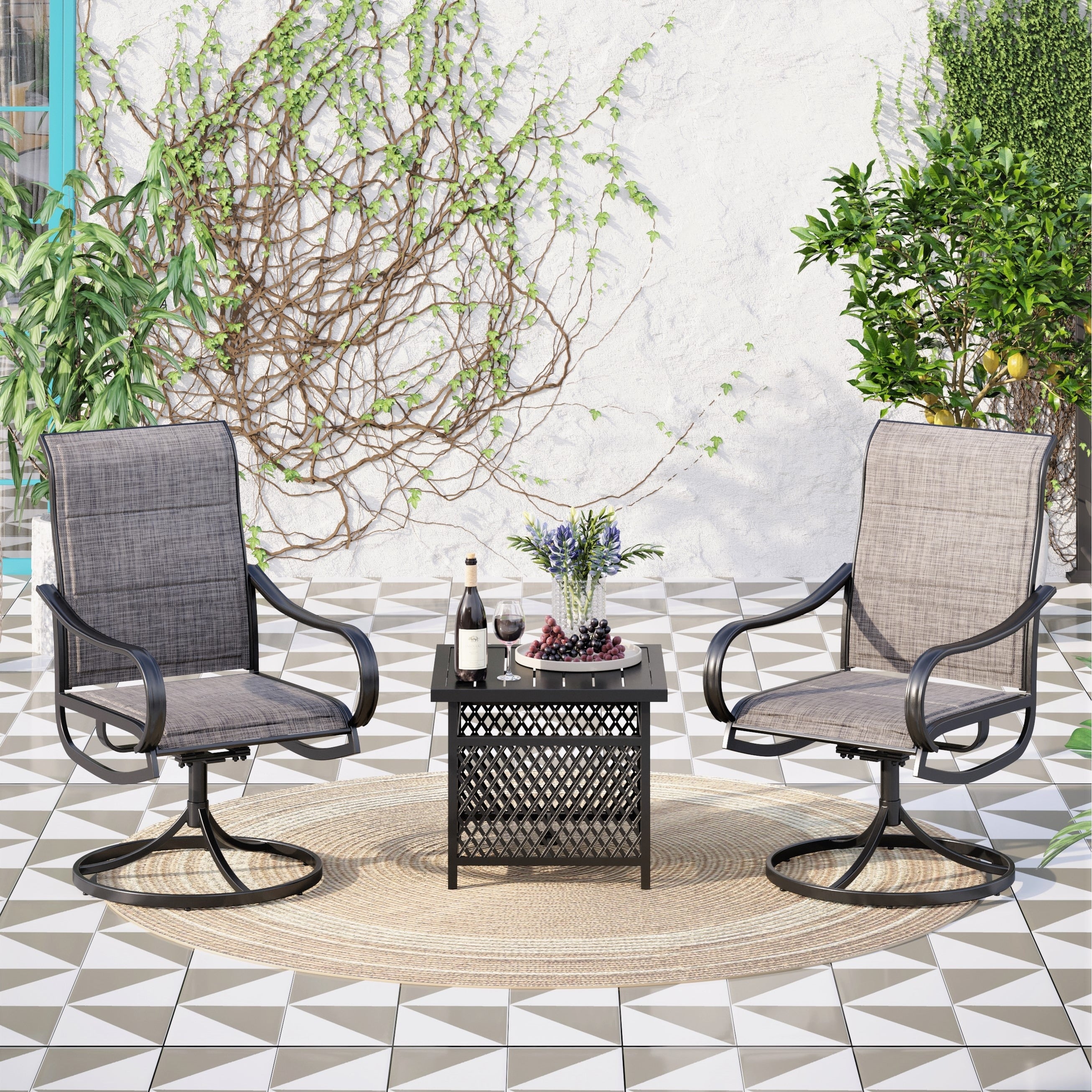 Mfstudio 3 Piece Metal Patio Dining Furniture Set With 2 Padded Textilene Swivel Chairs And 1 Side Dining Square Table