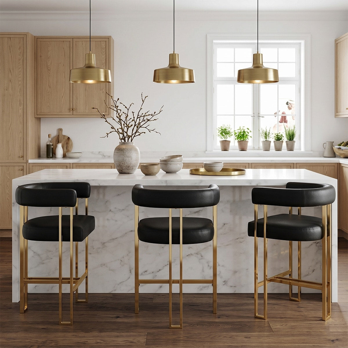 3 Piece Modern Counter Stool Set With Gold Finish Frame