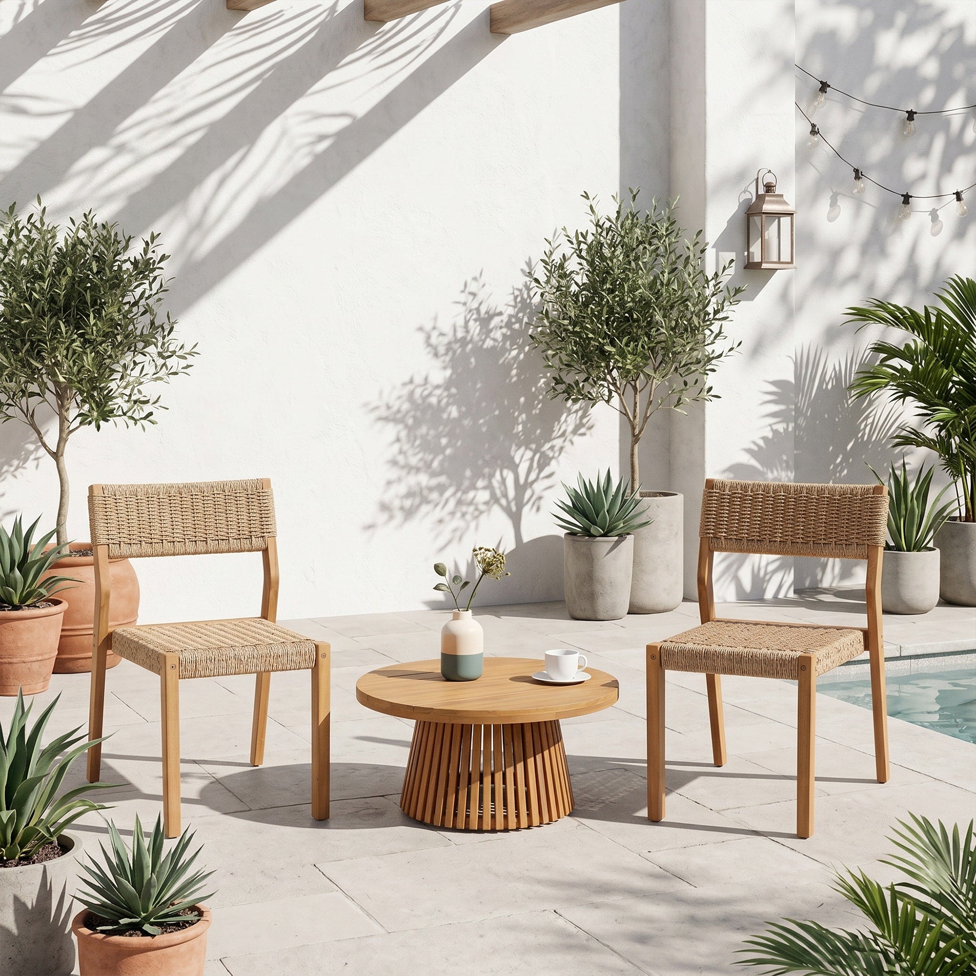 3 Piece Outdoor Bistro Set Acacia Wood Conversation Set Twisted Wicker Weave Stackable Armless Chair Round Coffee Table