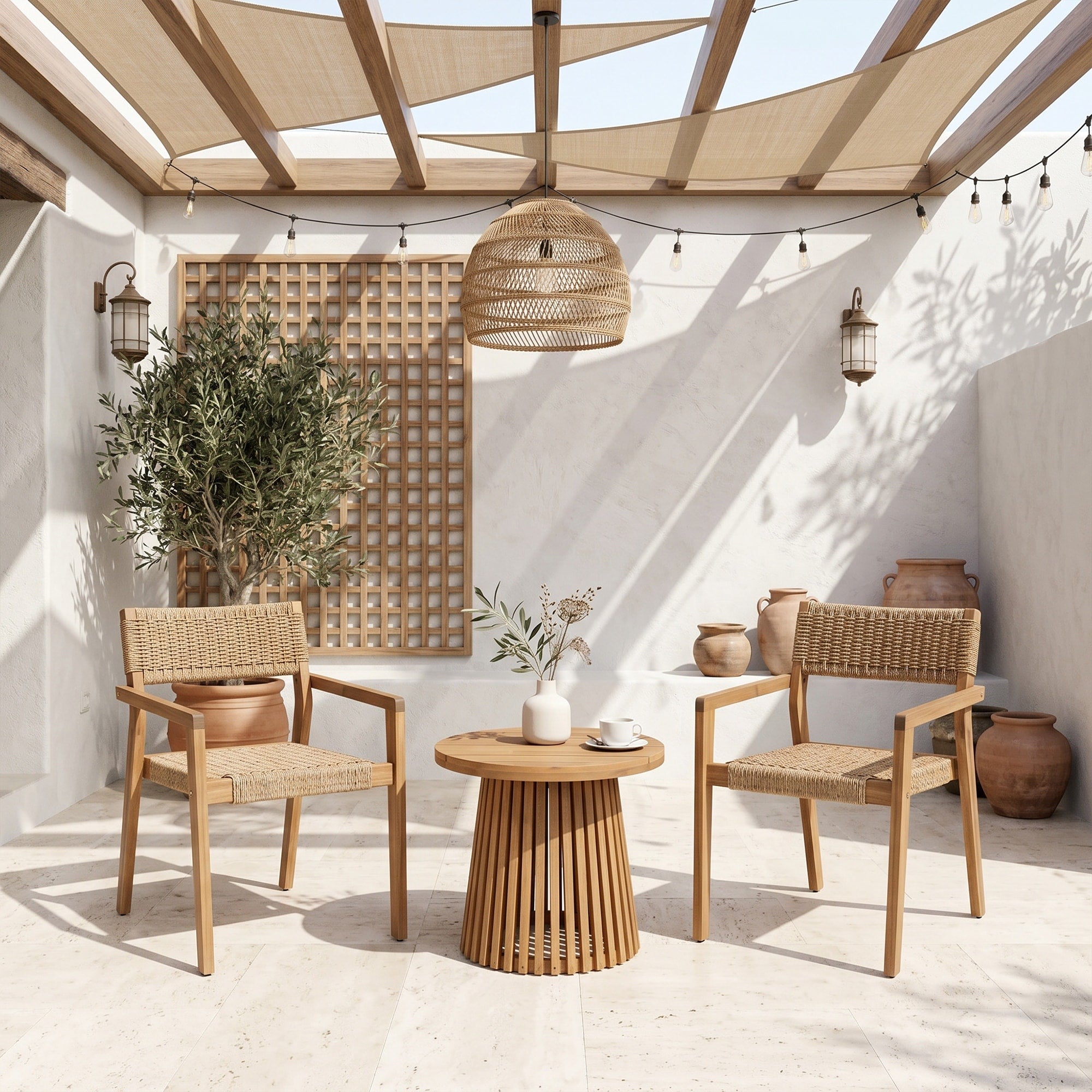 3 Piece Outdoor Bistro Set Acacia Wood Conversation Set With Round Coffee Table Wicker Weave Stackable Arm Chair