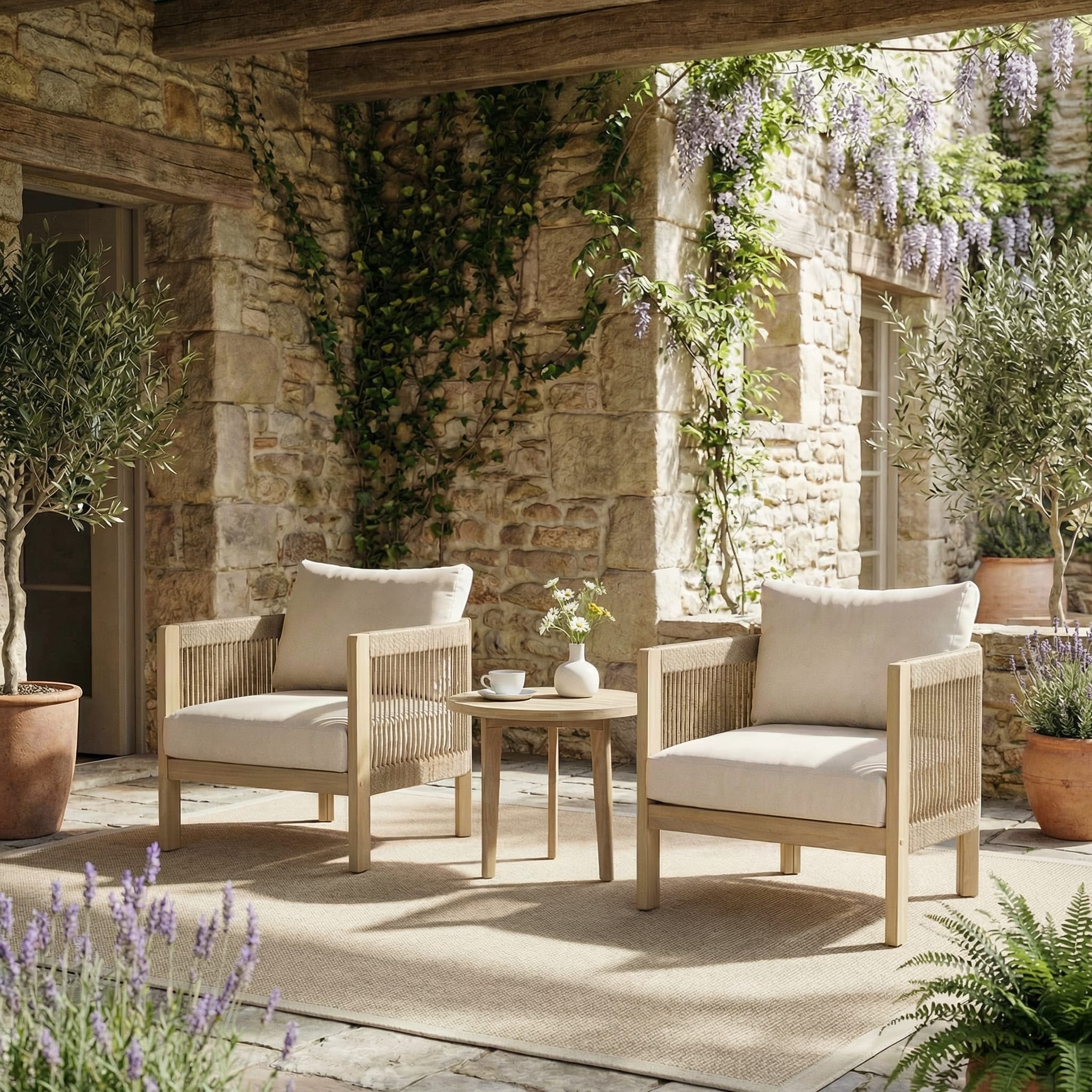 3 Piece Outdoor Conversation Set Rope Woven Arm Chair Solid Acacia Wood With Coffee Table