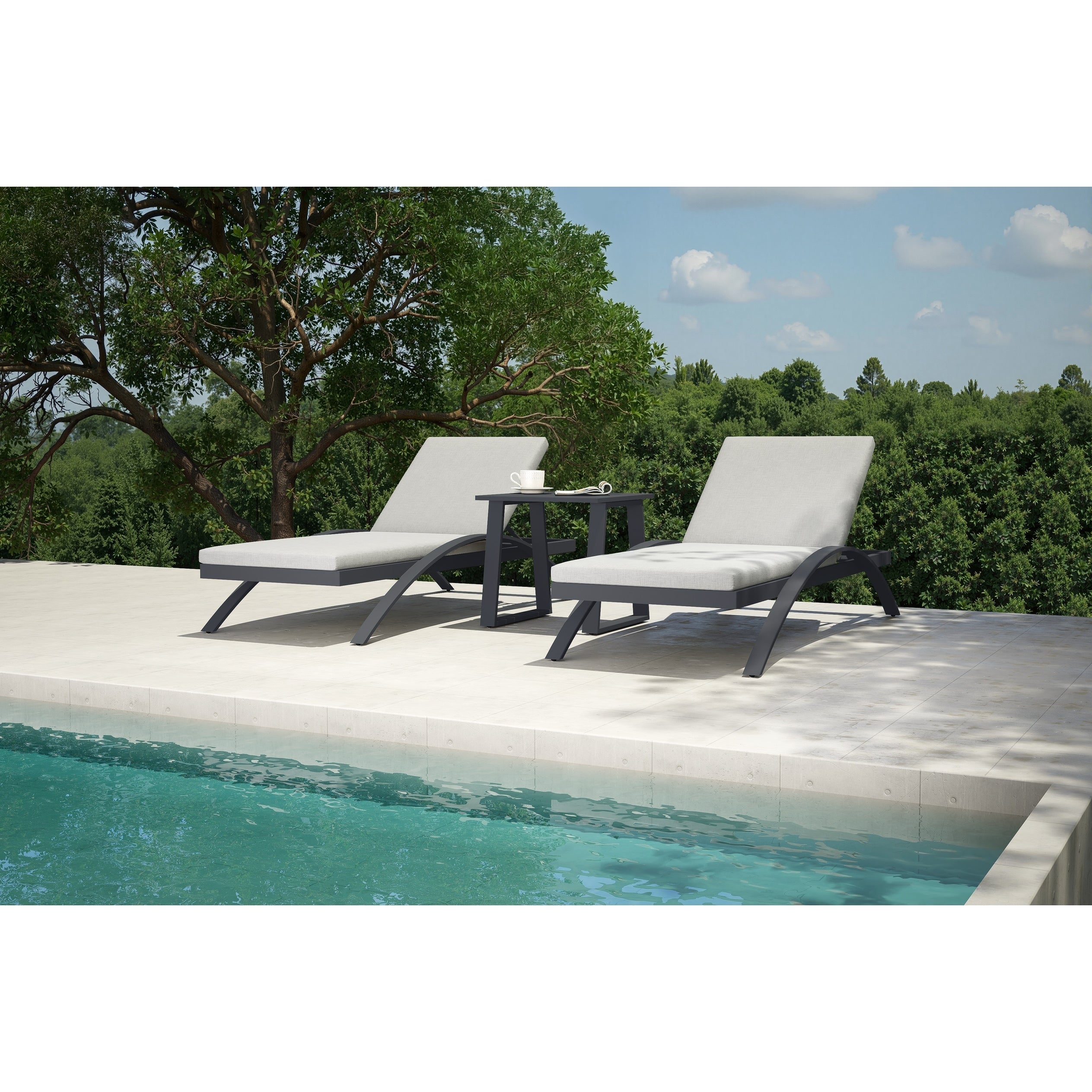 3 Piece Outdoor Patio Lounger Set With Gray Cushions