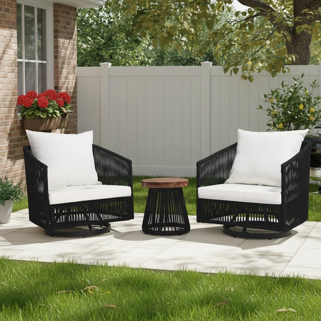 3 Piece Outdoor Patio Swivel Chair Set With Cushions And Side Table