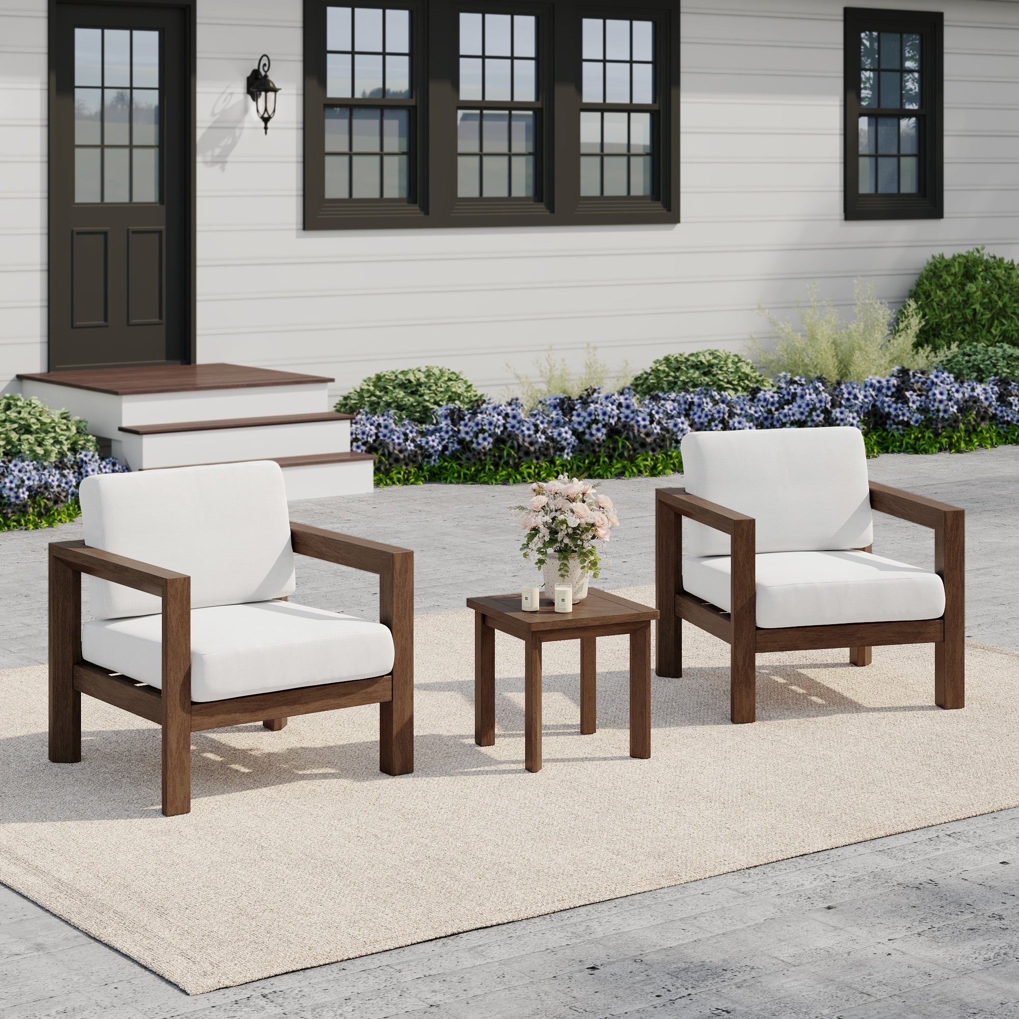 3 Piece Outdoor Patio Wood Chair Set With Side Table For Backyard