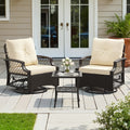 3 Piece Outdoor Set Two Wicker Swivel Chairs With Cushions And Side Table