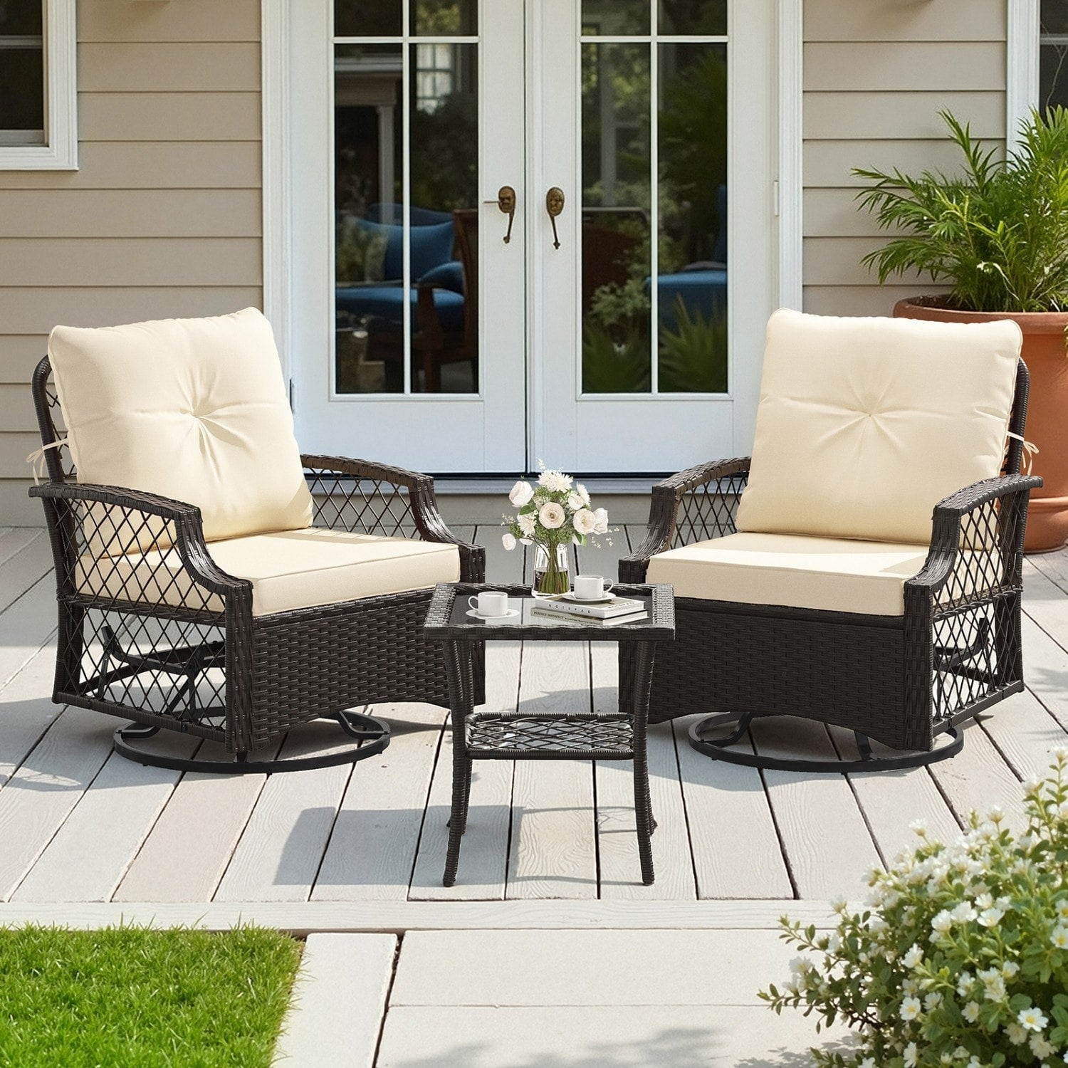 3 Piece Outdoor Set Two Wicker Swivel Chairs With Cushions And Side Table