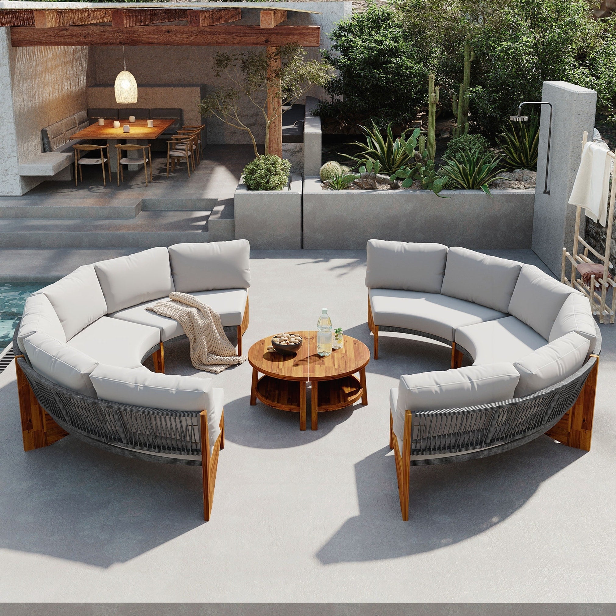 3 Piece Outdoor Sofa Set For 6 2 Semi Circle Sofas Acacia Wood Coffee Table