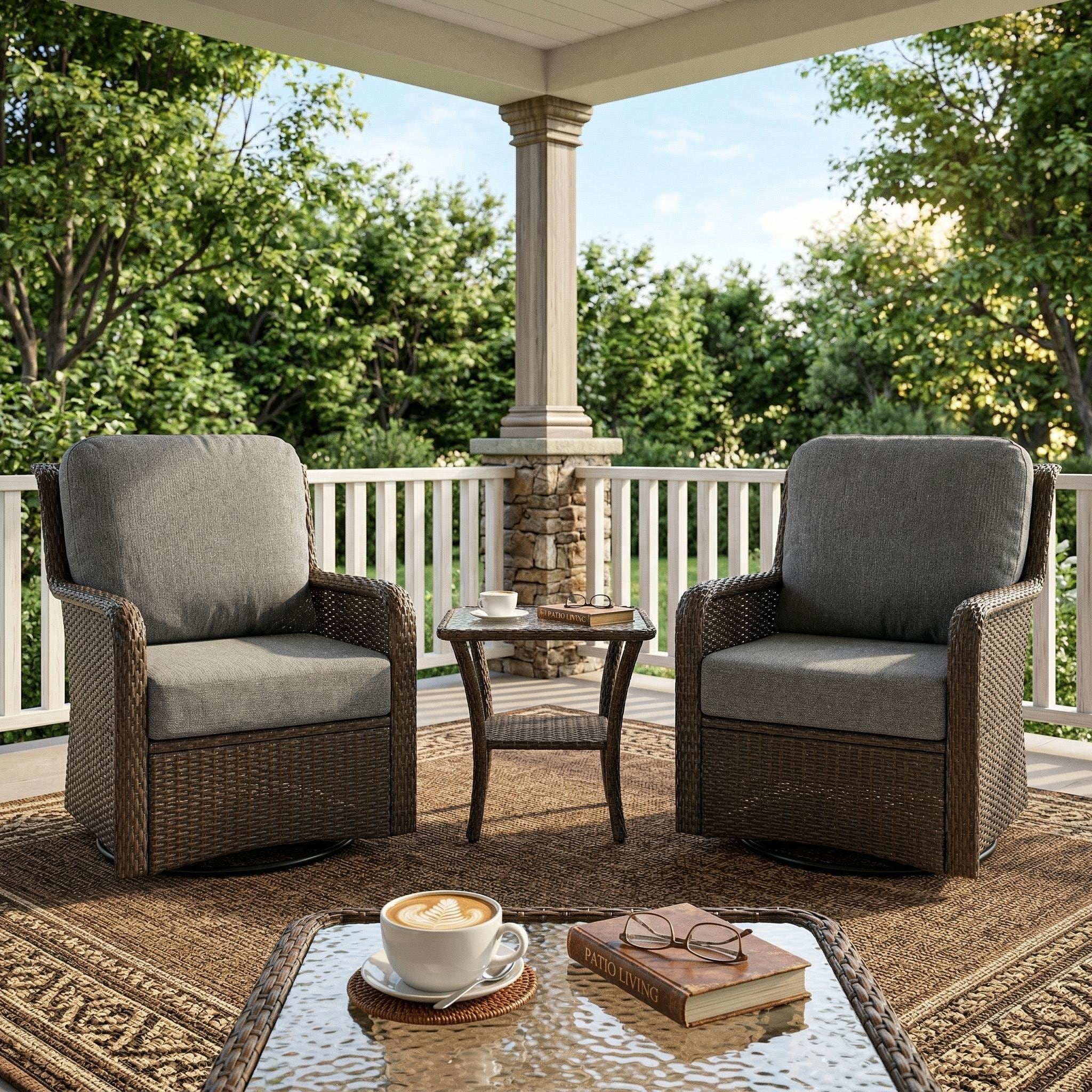 3 Piece Outdoor Swivel Rocking Chair Set With Side Table 360 Swivel Rocking Motion