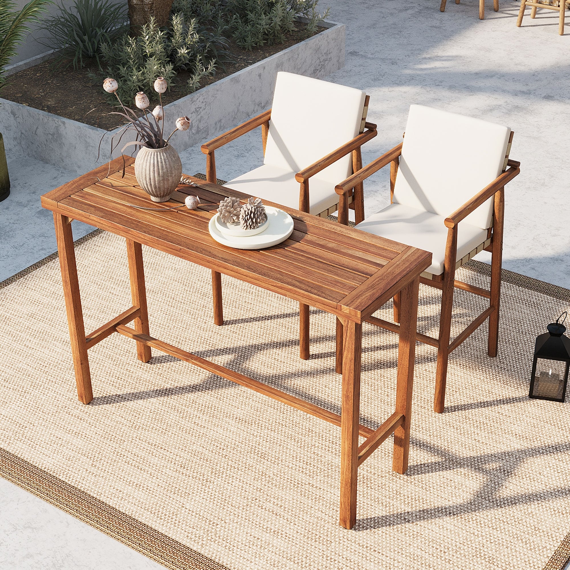 3 Piece Patio Bar Set With 2 Stools And Removable Cushions Wood Dining Bar Set For Backyard Poolside Balcony