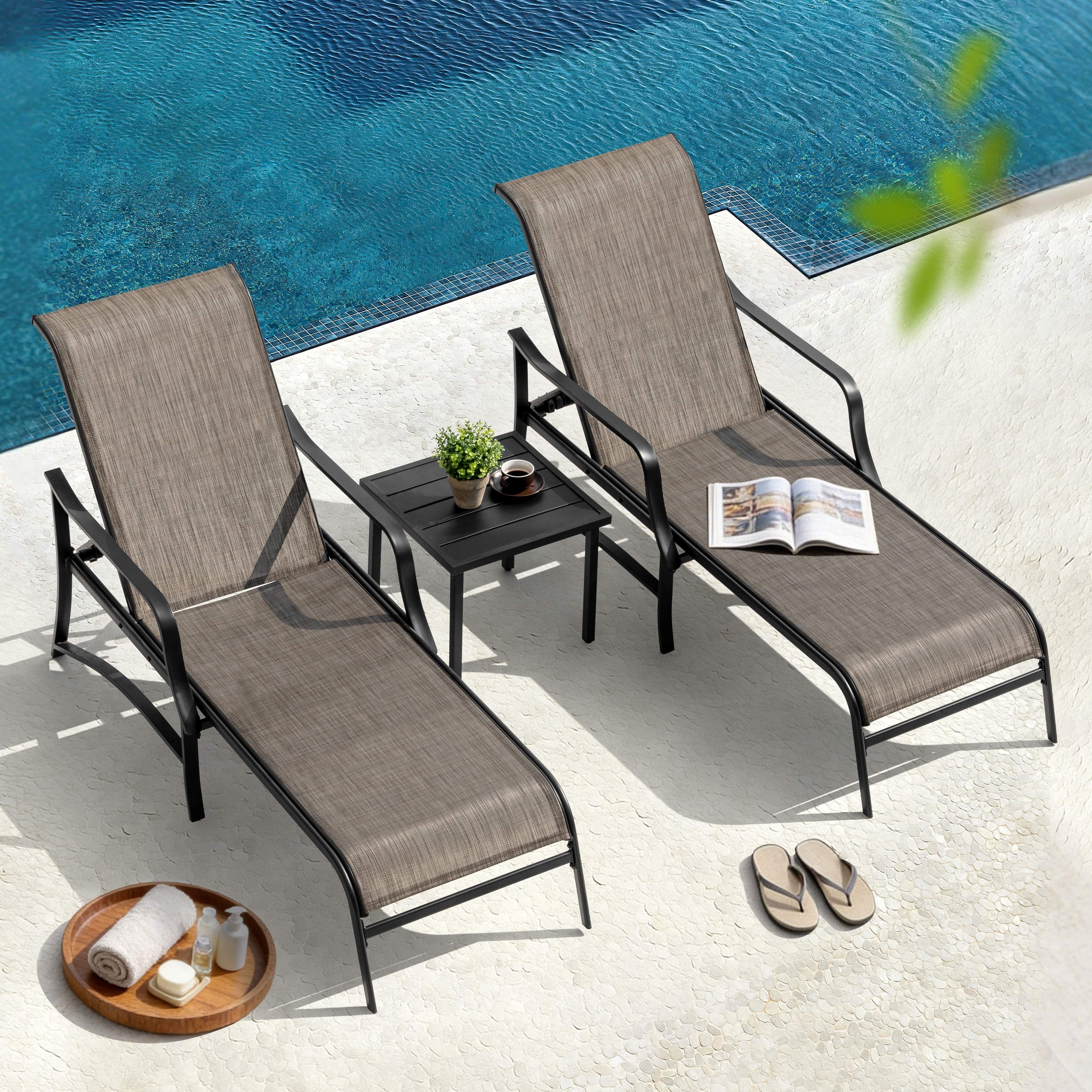 3 Piece Patio Chaise Lounge Set Textilene Patio Chaise Lounges Side Table