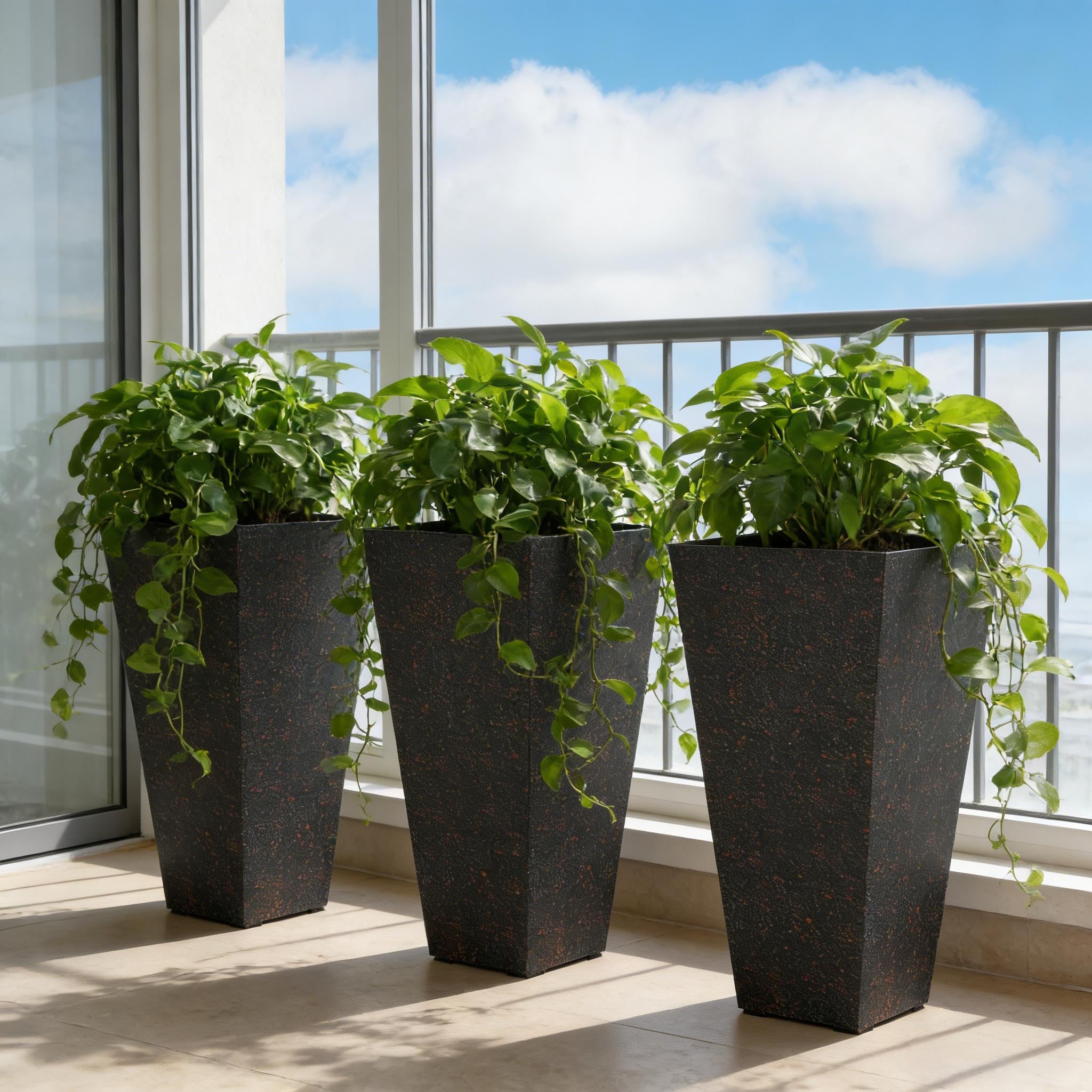 3 Piece Planters Set Stylish Marble Finish Planter Pot Drainage Plug